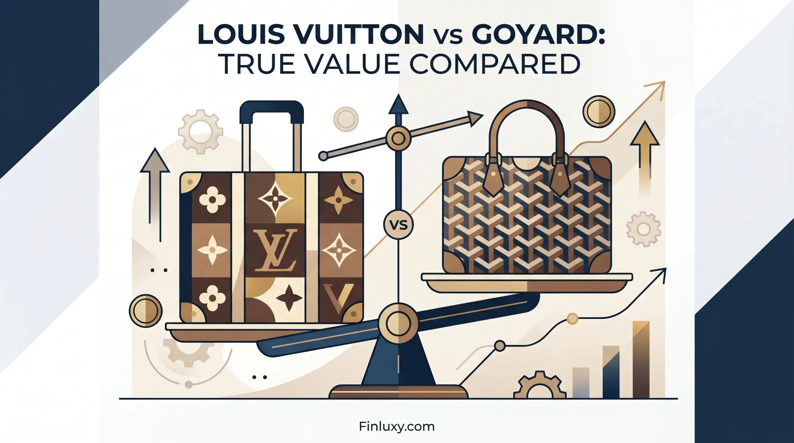 A geometric vector illustration comparing Louis Vuitton and Goyard bags on a balance scale with financial growth symbols.