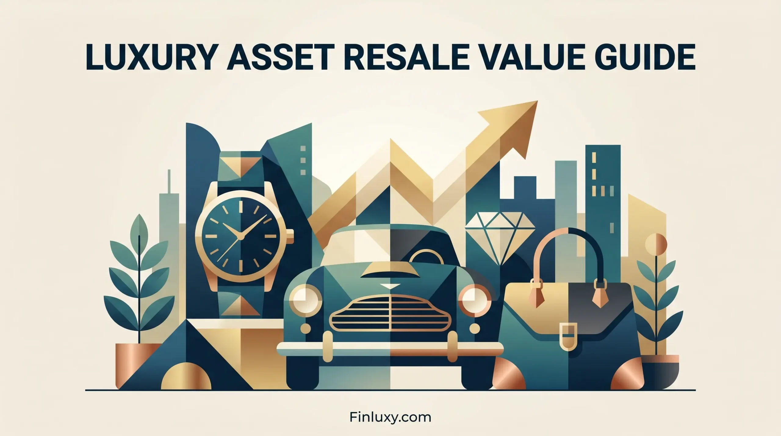 Geometric illustration of a classic car, watch, and handbag with text "LUXURY ASSET RESALE VALUE GUIDE" and "Finluxy.com".