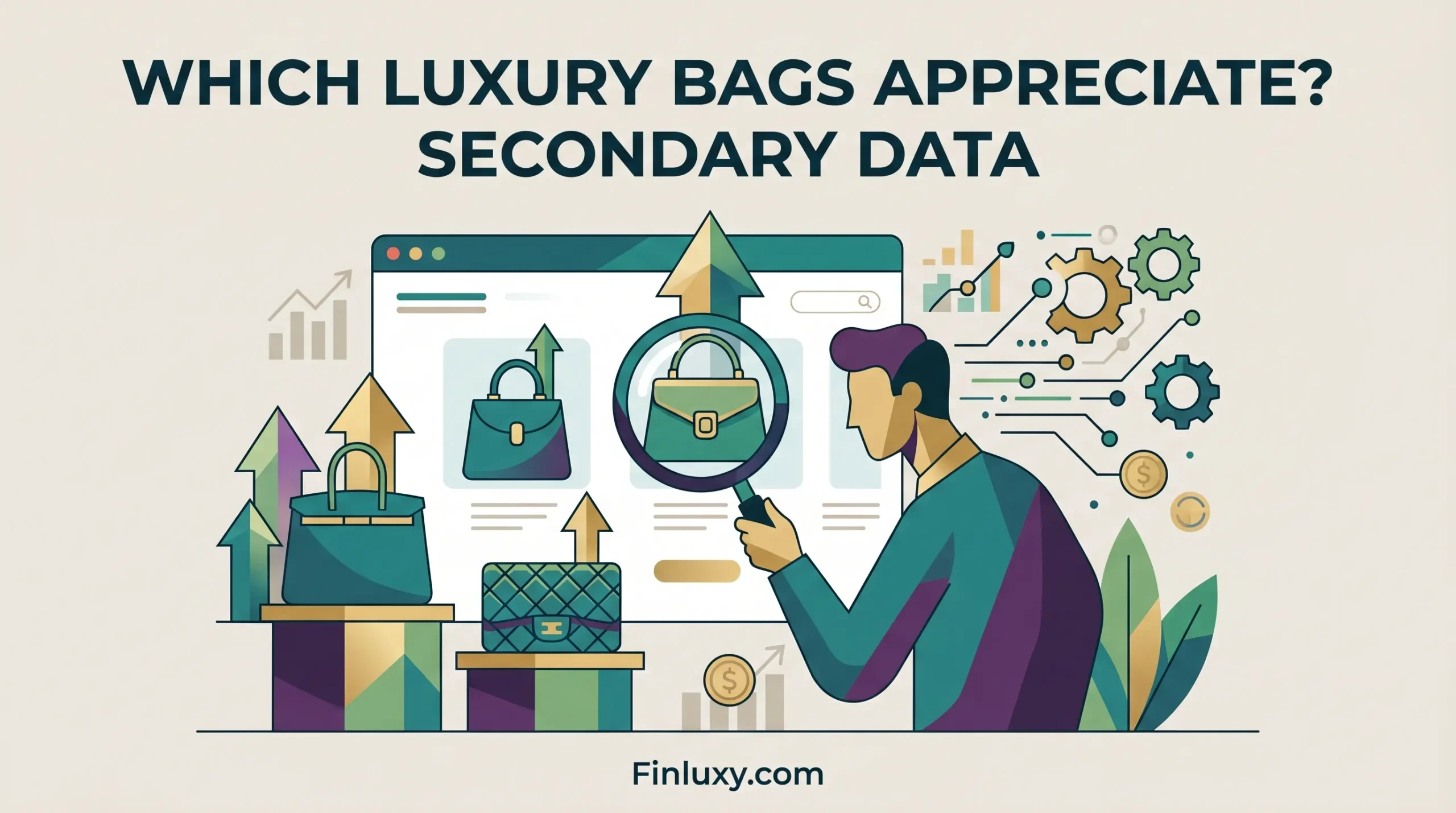 Geometric vector illustration of a person analyzing rising luxury bag values through a magnifying glass, with Finluxy.com at the bottom.