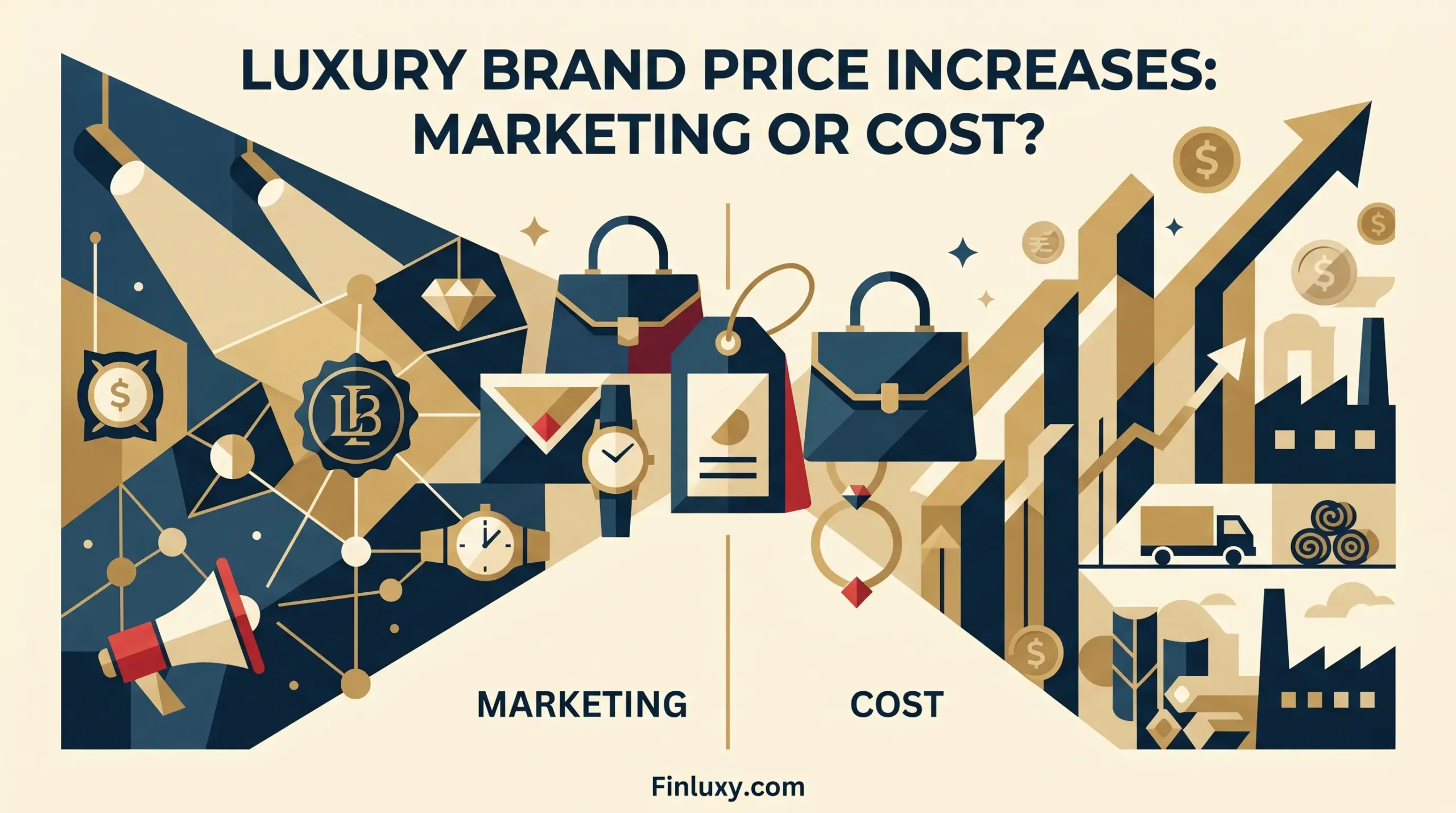 Modern geometric vector illustration contrasting luxury shopping bags and accessories with marketing megaphones and factory production costs.