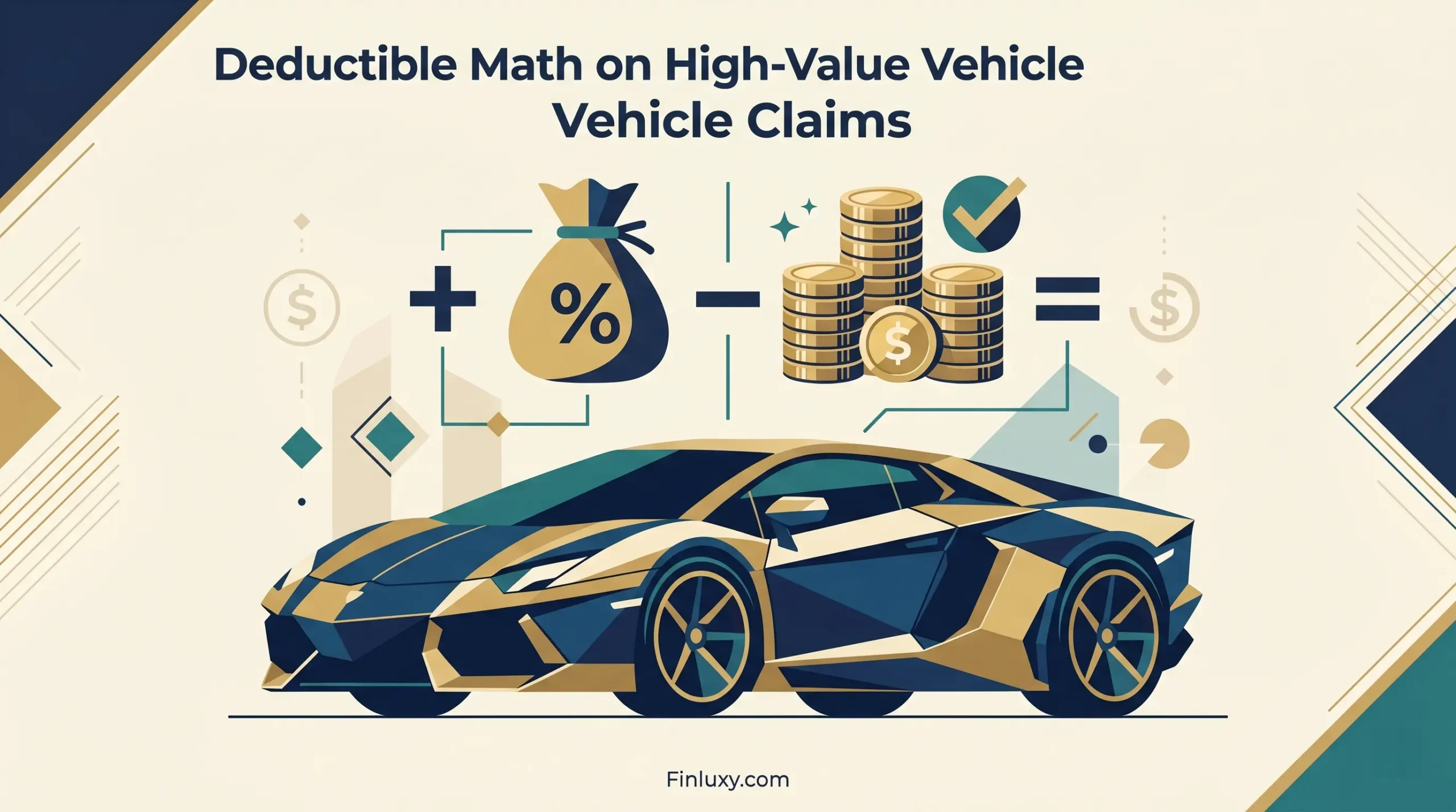 A geometric vector illustration of a luxury sports car with math symbols and money bags, representing deductible calculations.