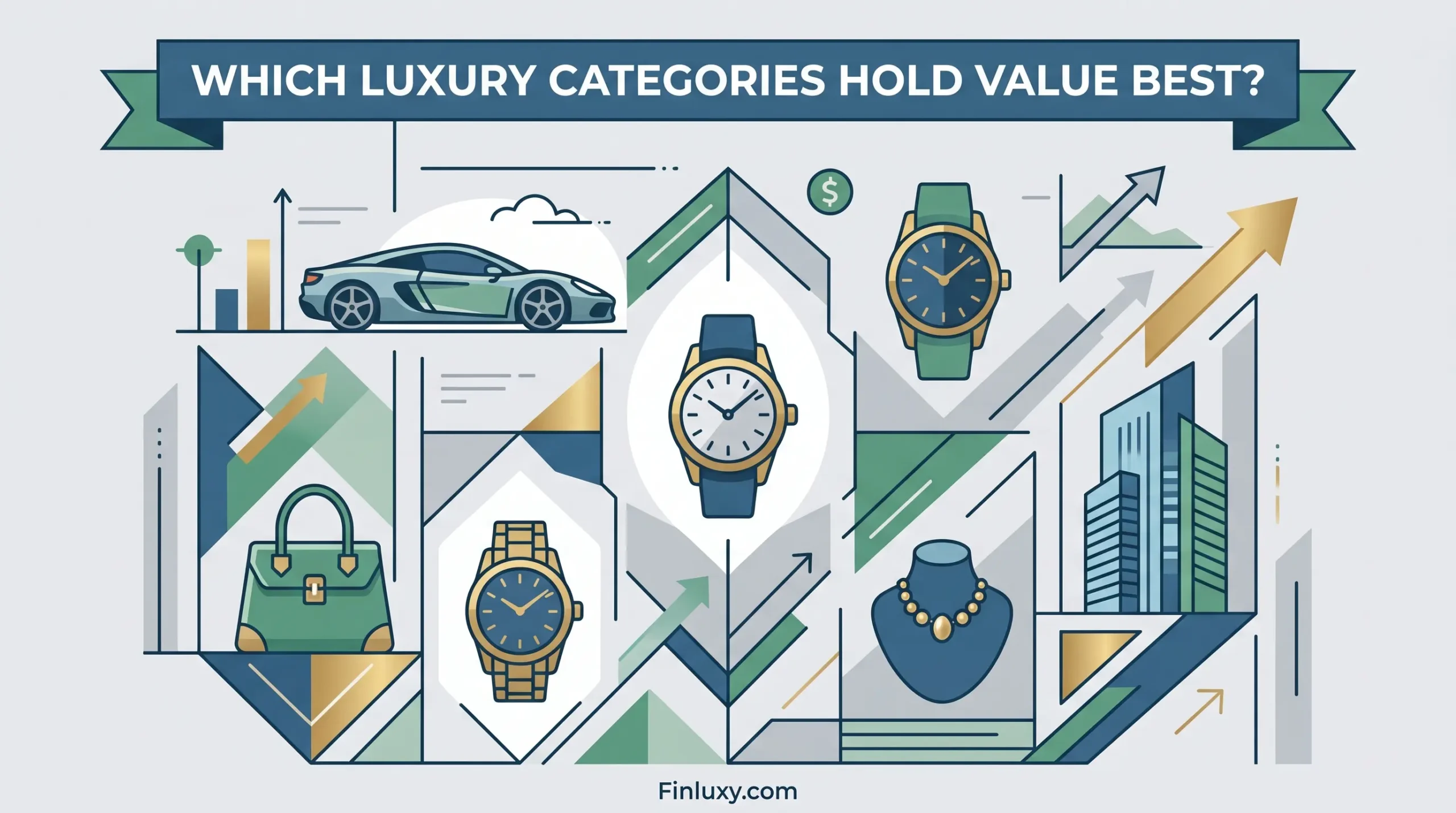 Geometric vector illustration featuring luxury items like watches, a car, and jewelry with upward arrows, titled "Which Luxury Categories Hold Value Best?"