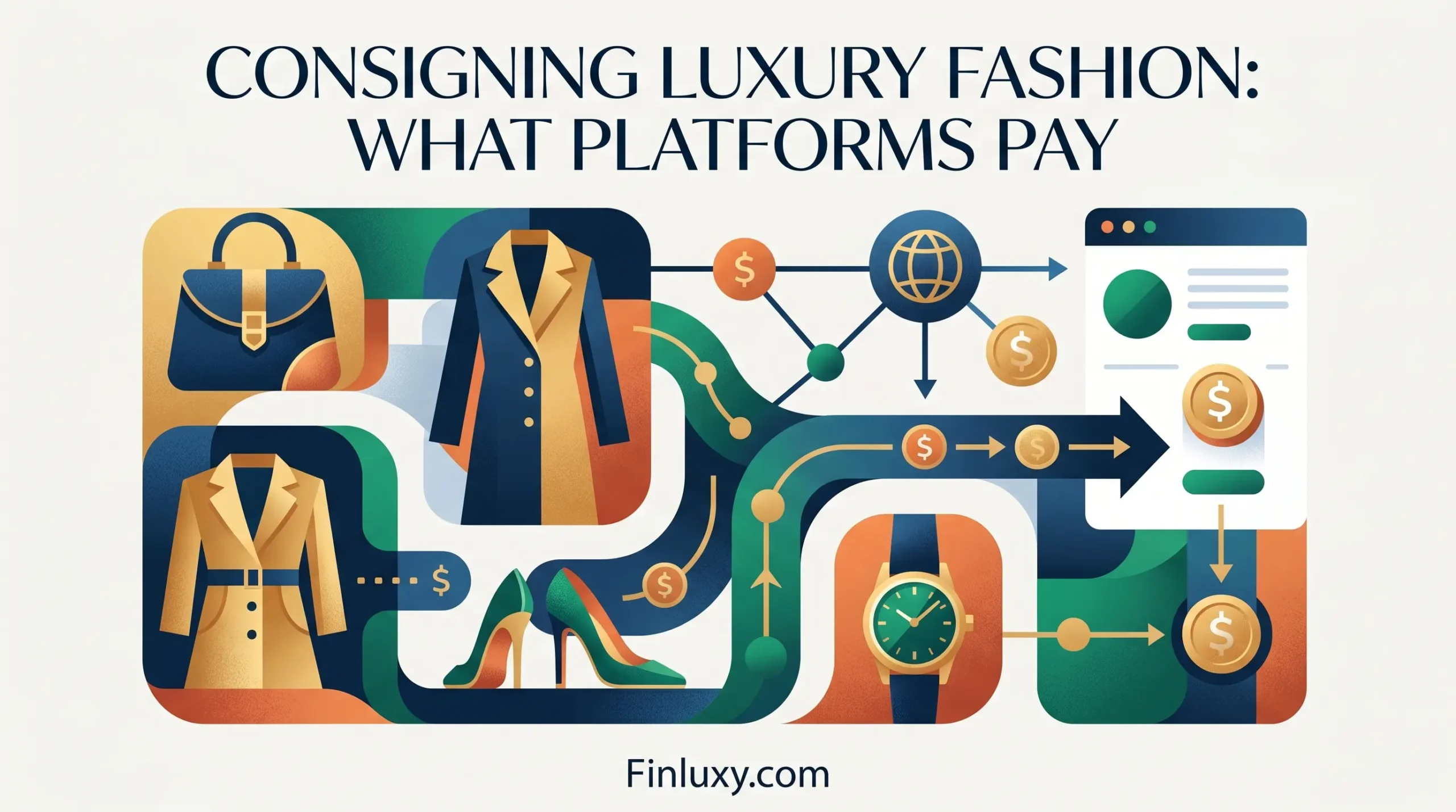 A stylized geometric illustration showing luxury items like a coat and watch connected by flow lines to digital platform icons and dollar signs.