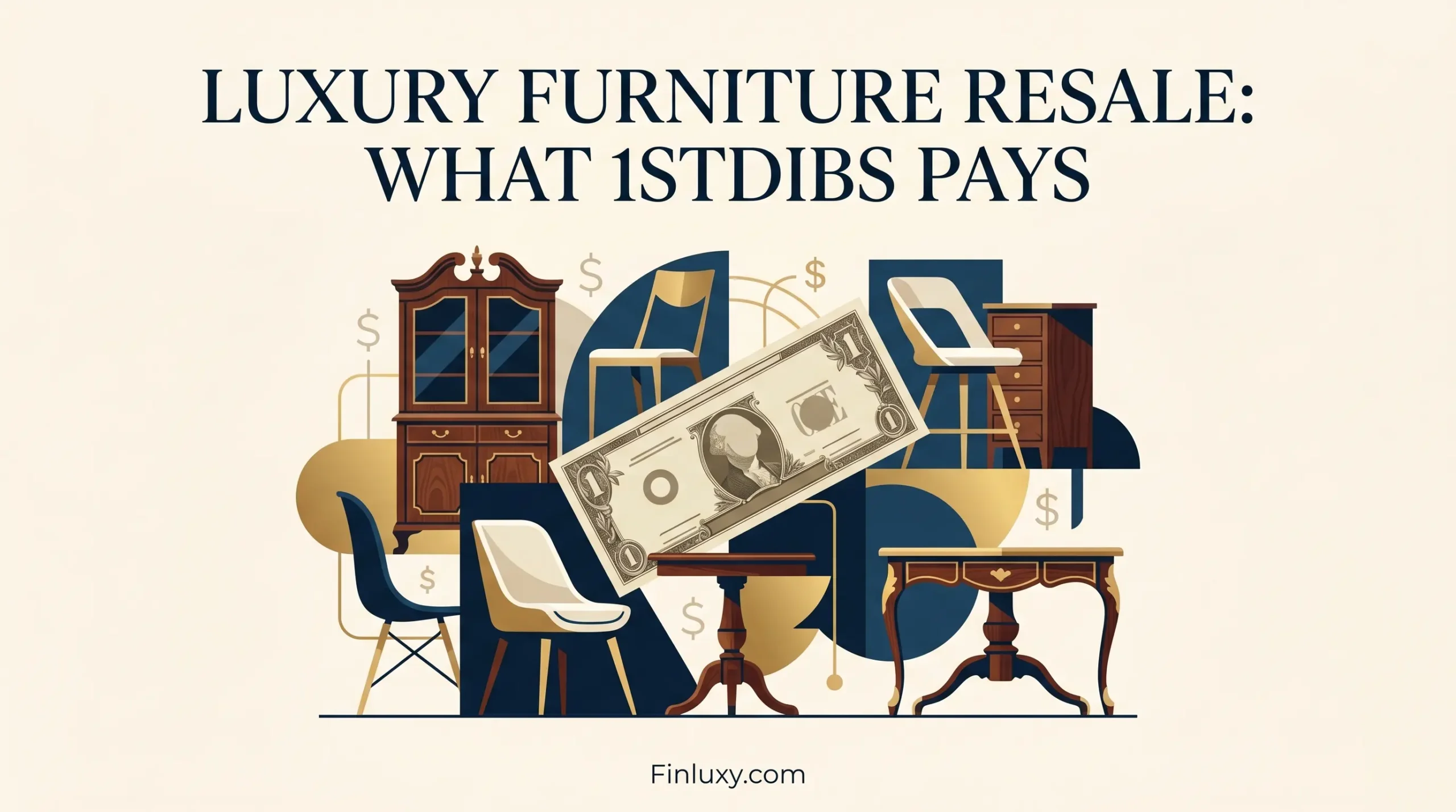 Geometric vector illustration of luxury furniture pieces and a stylized dollar bill, with the headline "Luxury Furniture Resale: What 1stDibs Pays."
