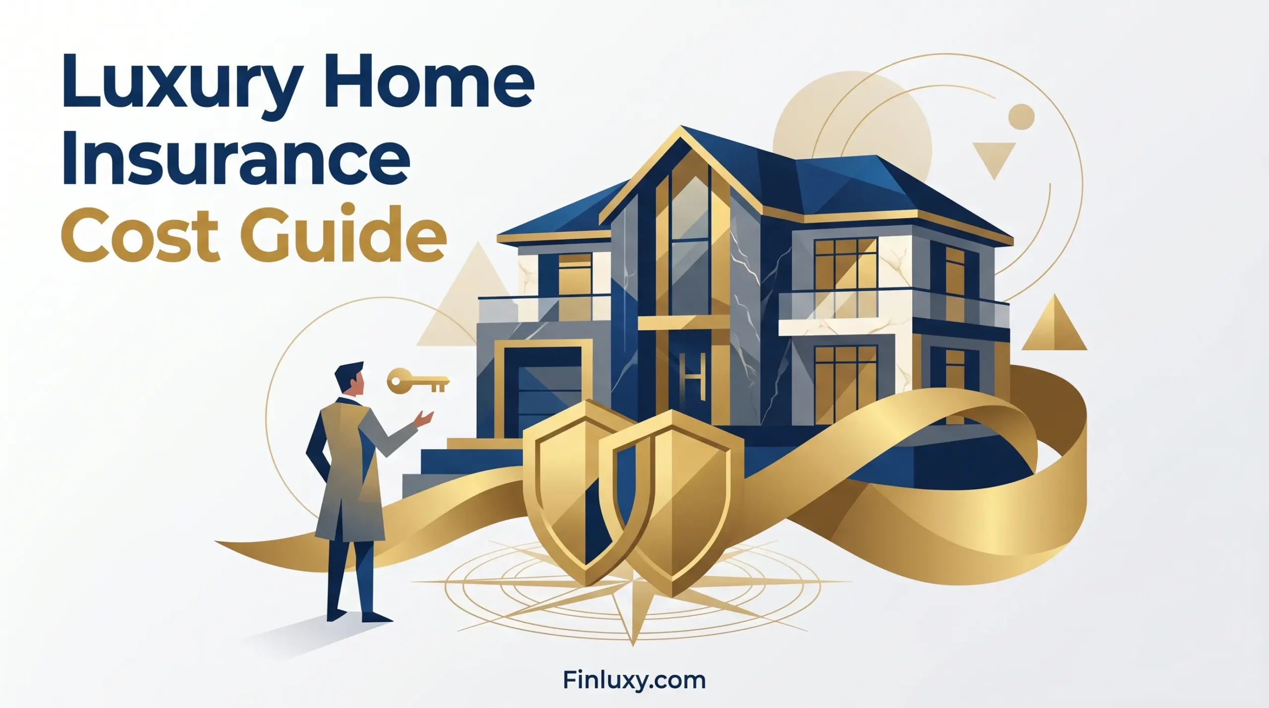Geometric vector illustration of a modern luxury home protected by gold shields, featuring the headline "Luxury Home Insurance Cost Guide."
