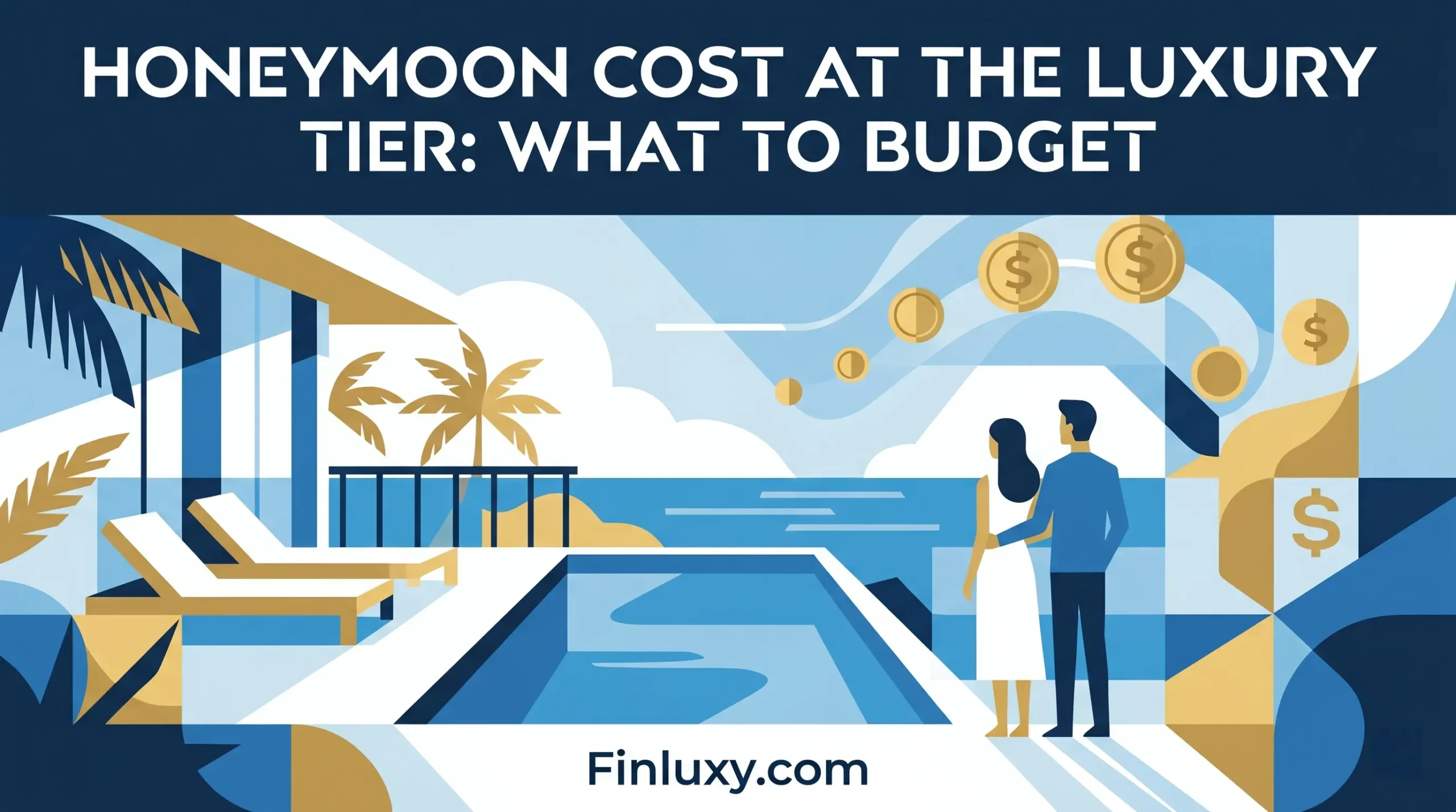 Geometric vector illustration of a couple at a luxury resort pool overlooking the ocean, with stylized gold coins above.
