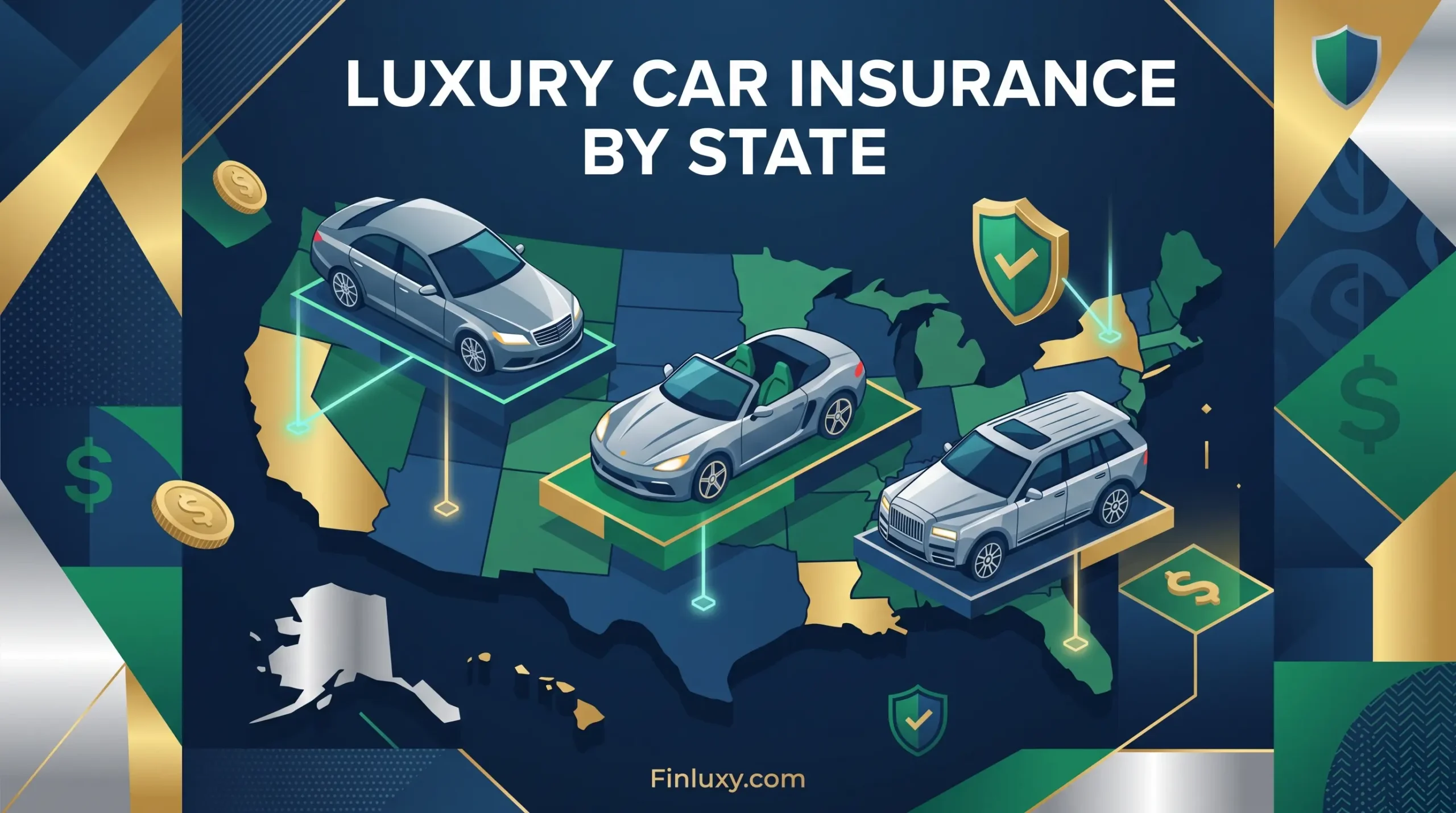A premium geometric illustration featuring three luxury cars on a 3D US map, with insurance shields and the headline 'Luxury Car Insurance by State'.