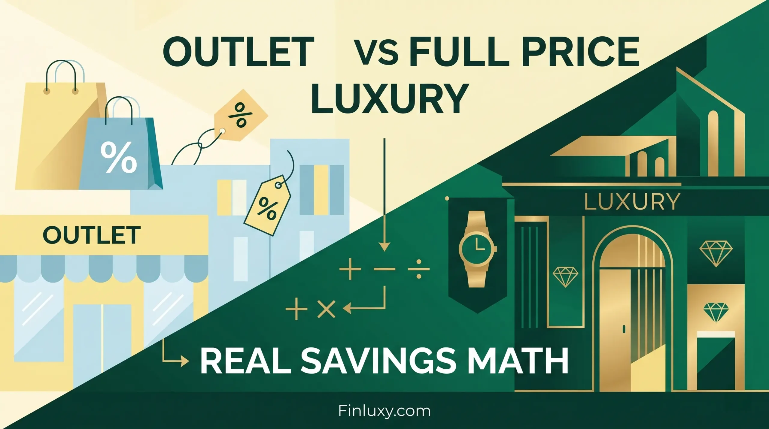 A modern vector infographic split diagonally, comparing abstract yellow outlet storefronts with green luxury boutiques and math symbols.