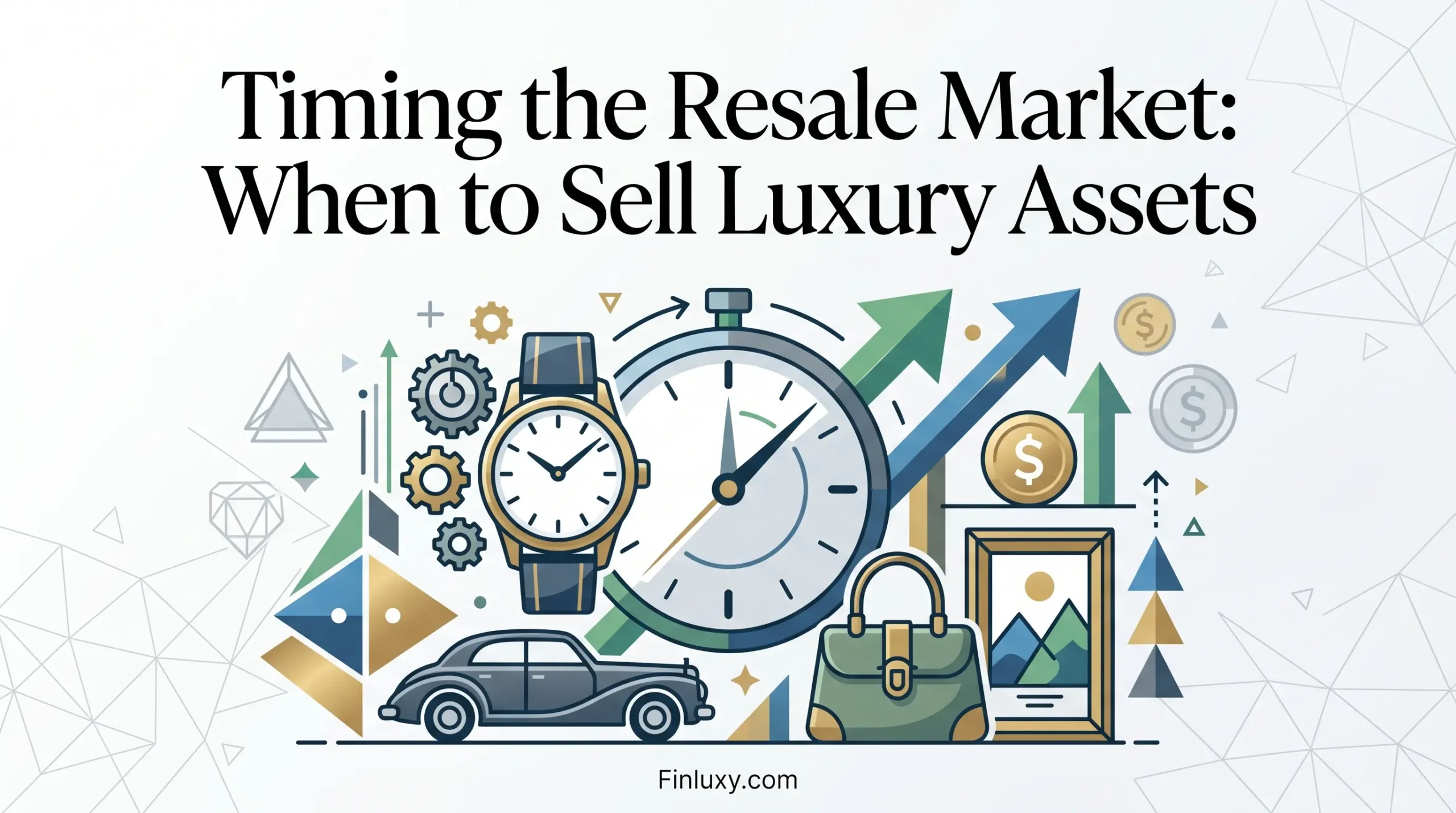 Geometric vector illustration featuring a luxury watch, car, and handbag with a stopwatch, under the headline "Timing the Resale Market".
