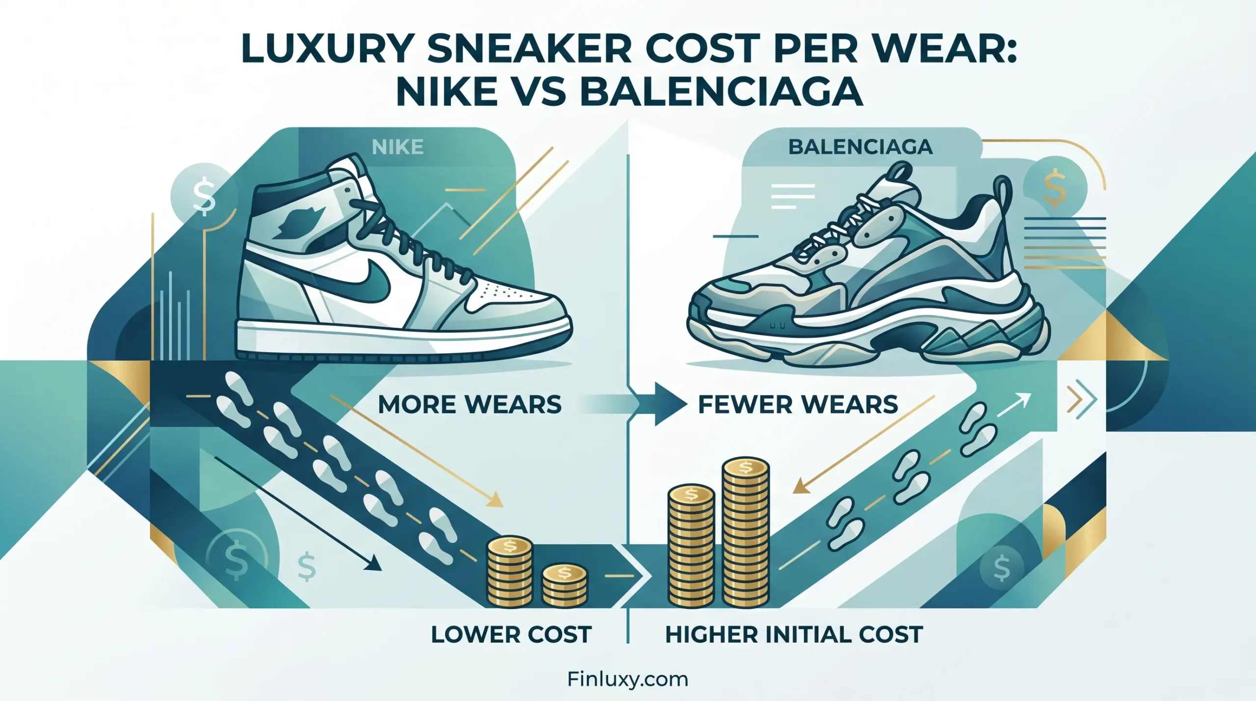 Geometric illustration comparing Nike vs Balenciaga sneaker cost per wear for Finluxy.com.