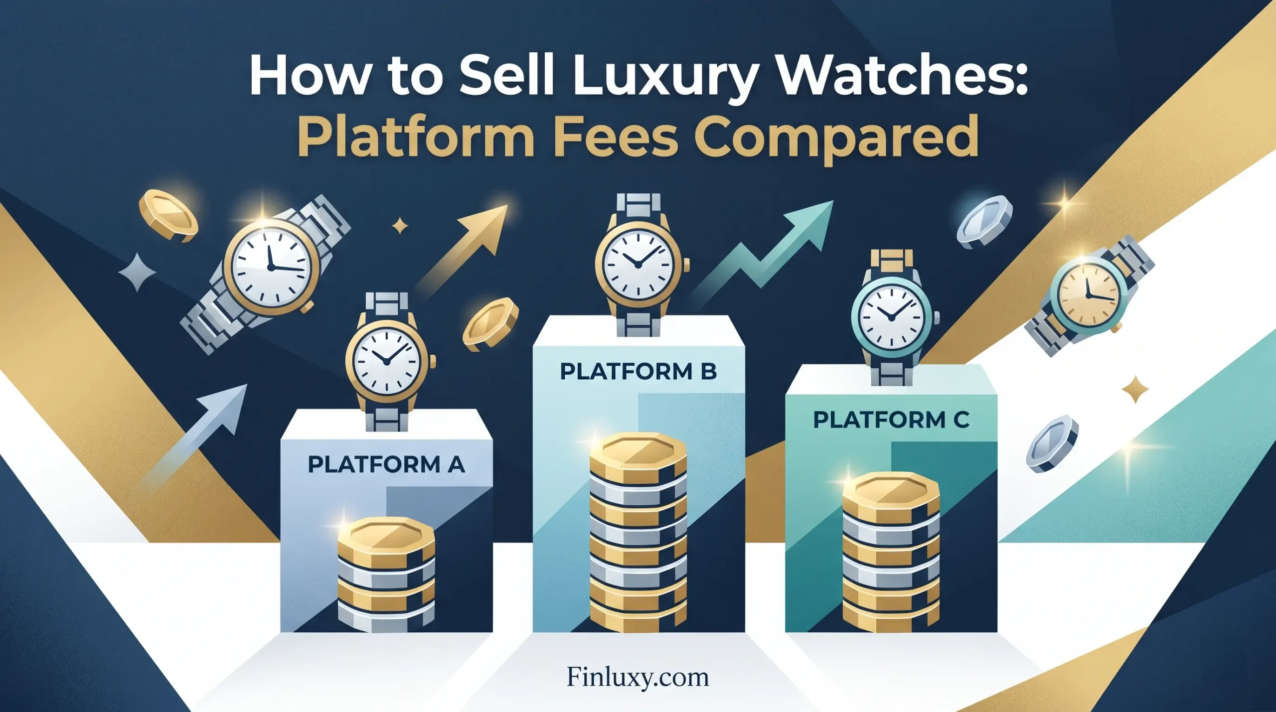 Minimalist geometric vector illustration comparing luxury watches on pedestals with stacked coins, featuring the article headline and Finluxy.com logo.