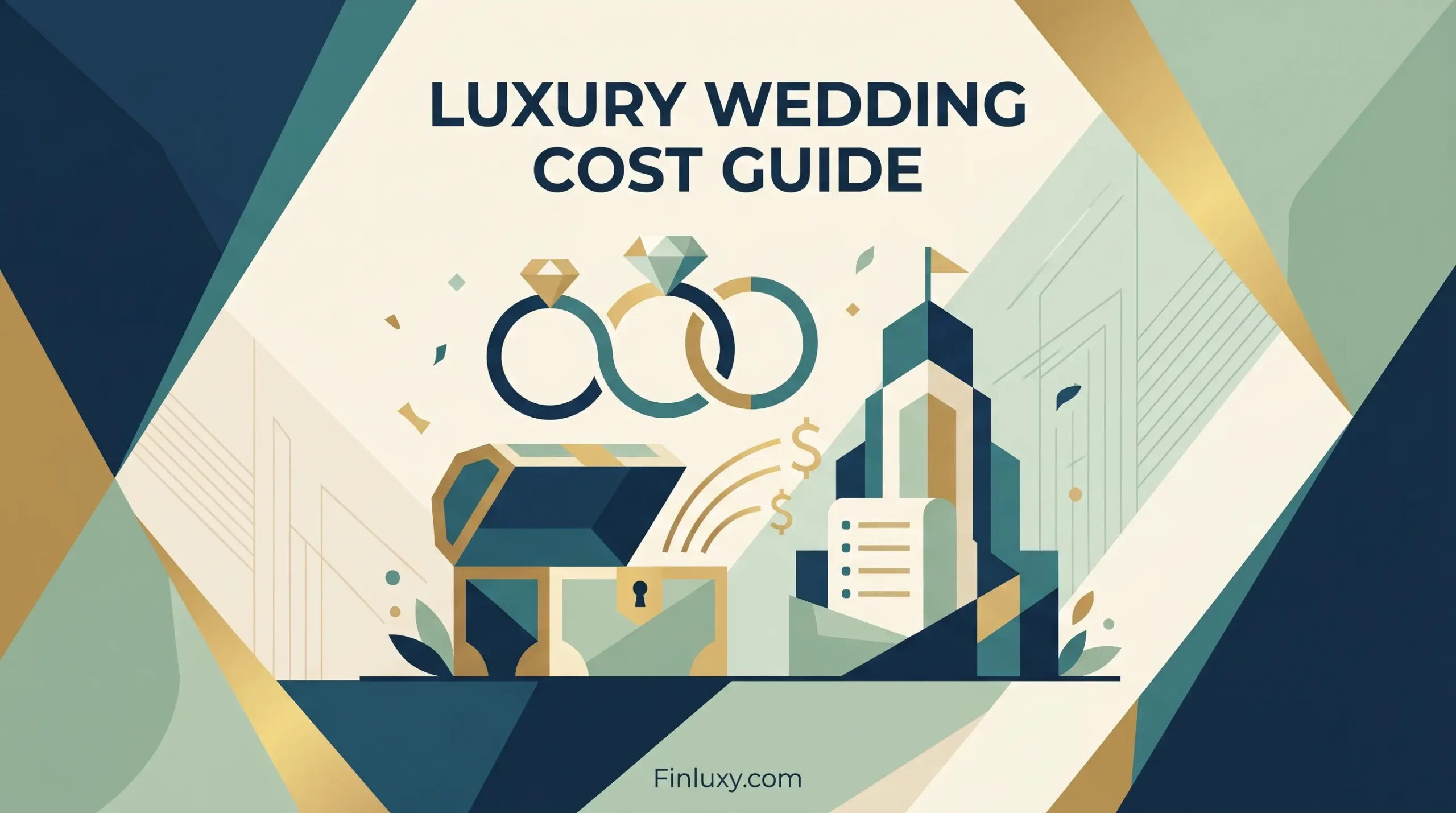 Geometric illustration with wedding rings, a treasure chest, and the headline "LUXURY WEDDING COST GUIDE" for Finluxy.com.