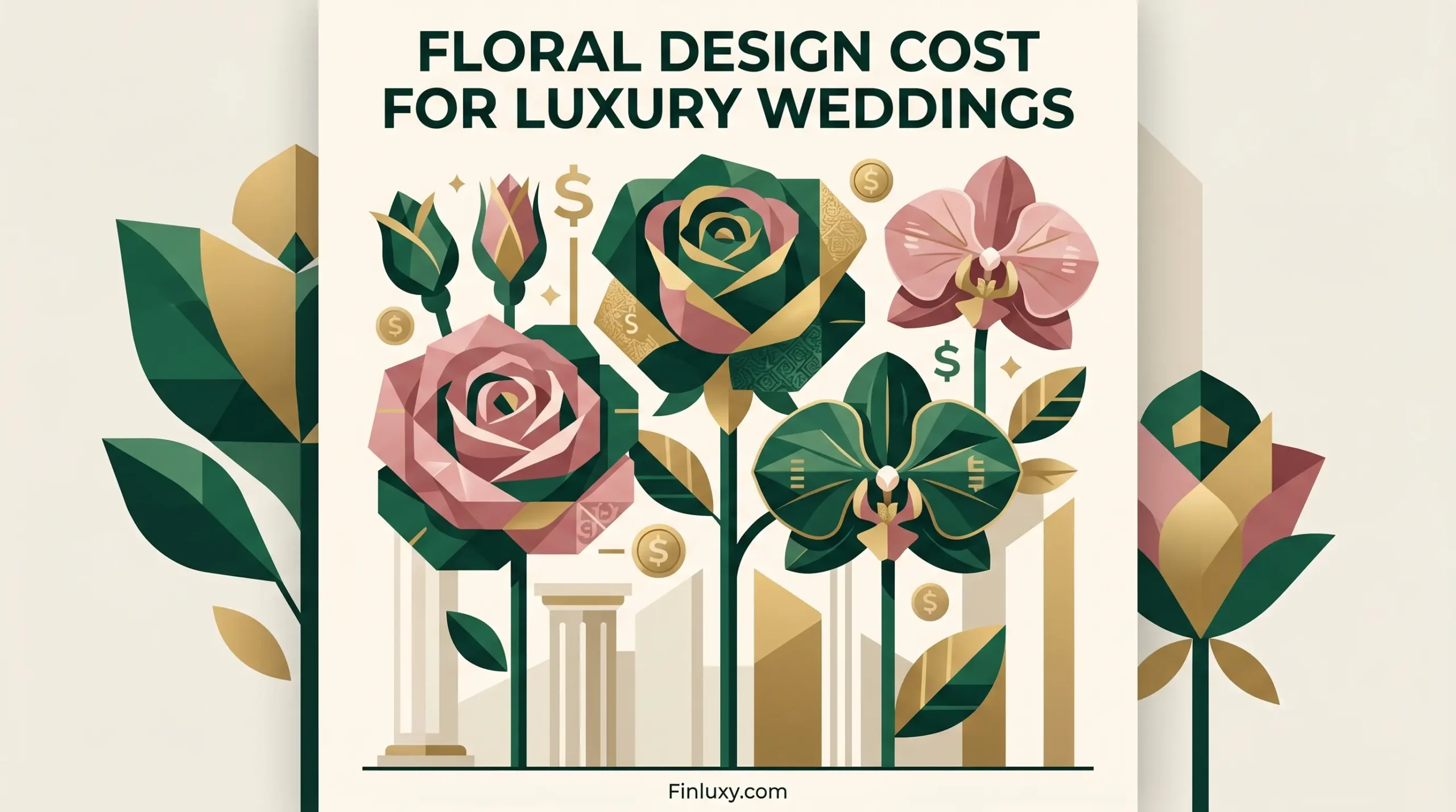 Geometric vector illustration of premium pink and green roses and orchids with subtle gold dollar symbols, titled "Floral Design Cost for Luxury Weddings."