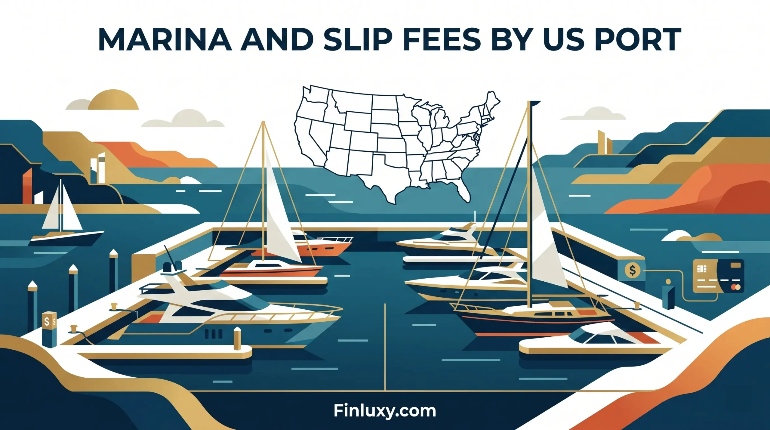 Geometric vector illustration of boats docked at a marina with subtle financial icons, representing US slip fees.