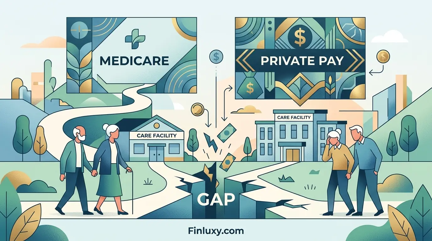 Geometric vector illustration comparing Medicare and private pay elder care costs separated by a gap, featuring senior couples and care facilities.