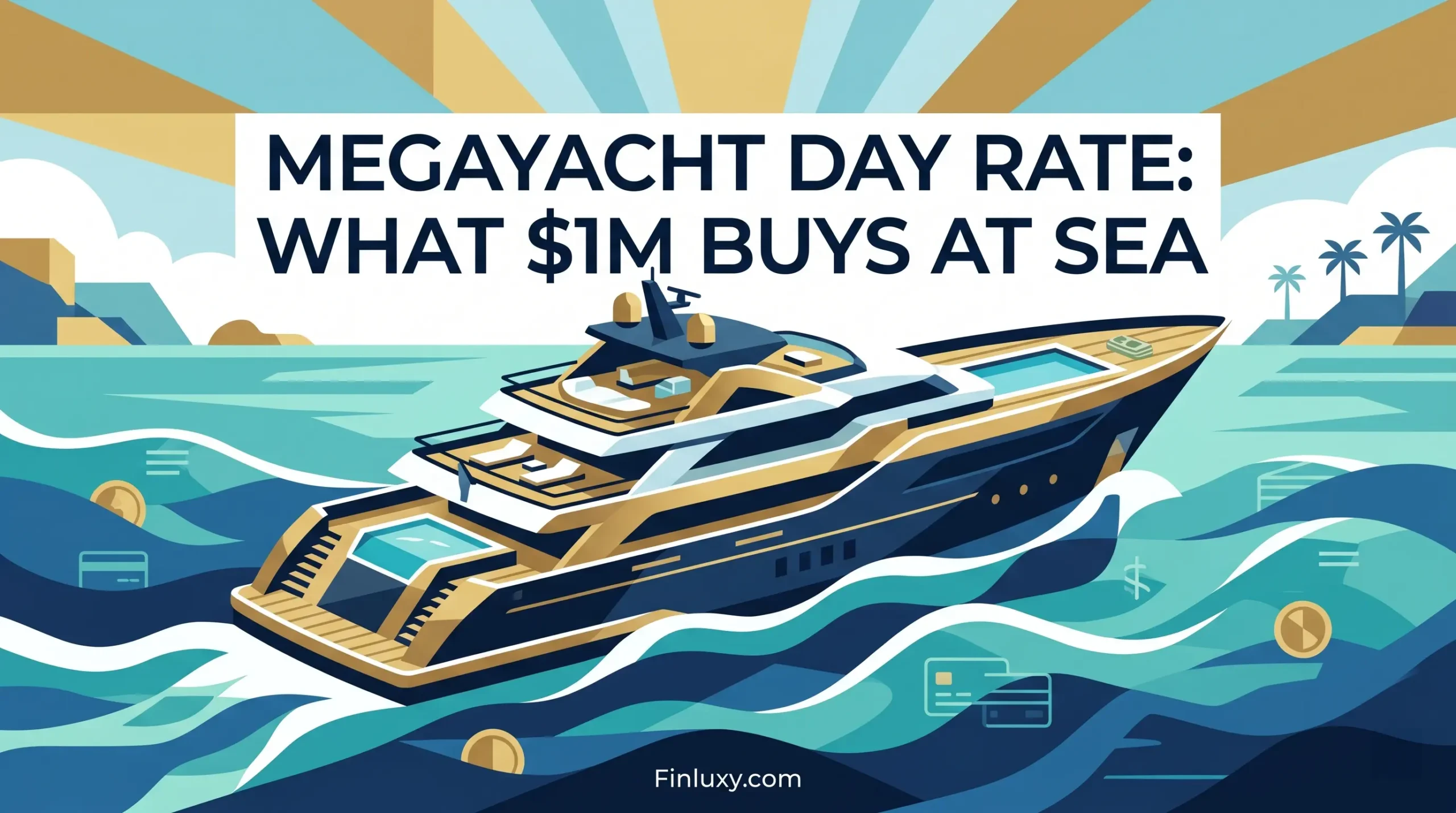 Geometric vector illustration of a luxurious megayacht at sea with coins, credit cards, and the article headline.