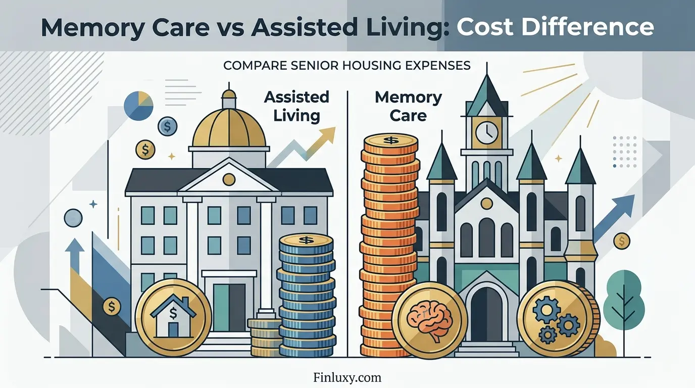 Geometric vector illustration comparing assisted living and memory care facility costs, featuring a taller stack of coins beside memory care.