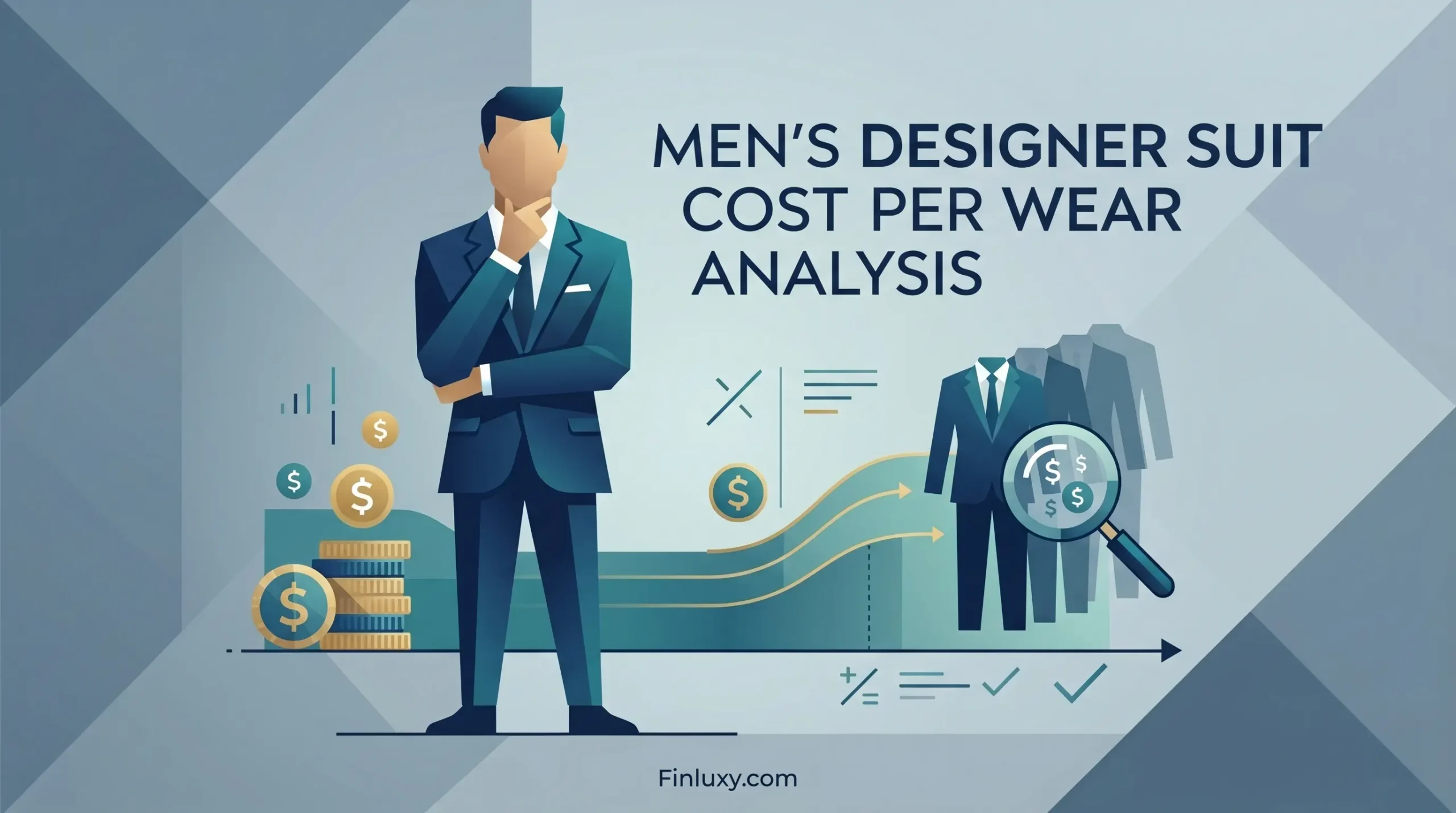 A geometric vector illustration analyzing the cost-per-wear value of a men's designer suit over time.
