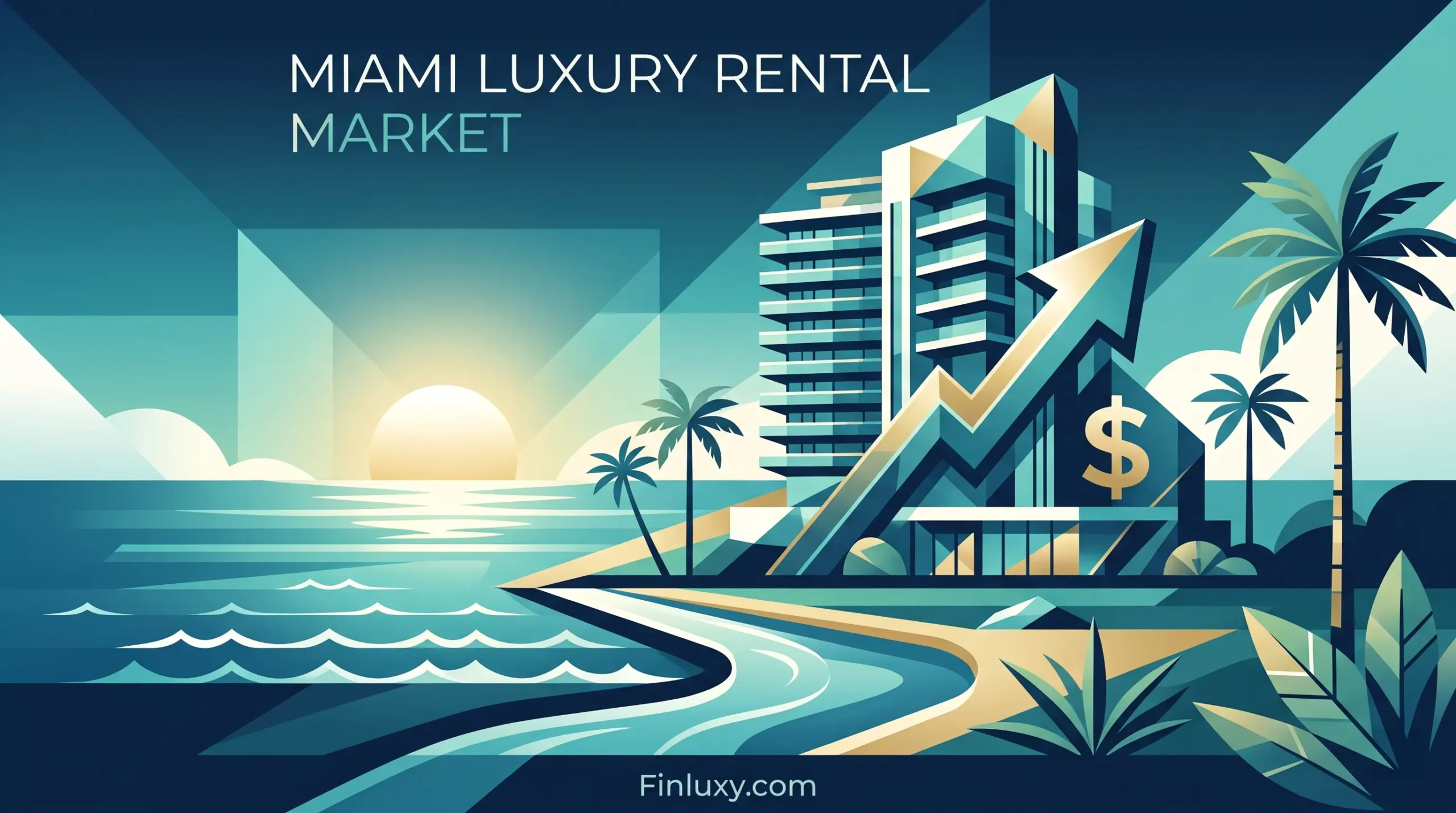 A geometric vector illustration of a Miami luxury high-rise near the beach with a dollar-sign growth arrow, in a minimal, premium style.