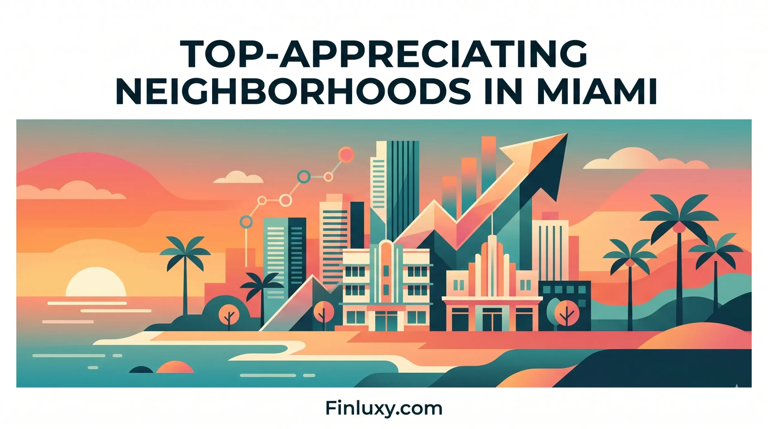 Modern vector illustration of the Miami skyline at sunset with palm trees and a rising growth arrow.