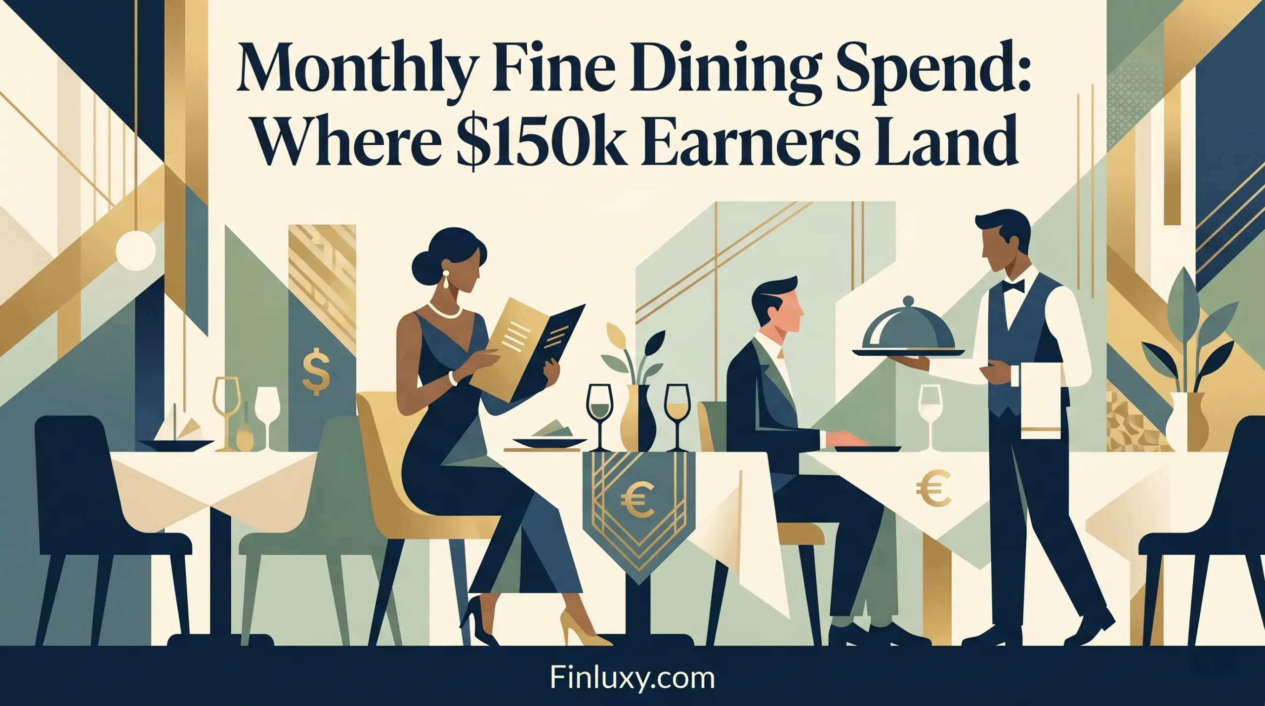 Geometric vector illustration of a couple dining at a premium restaurant, featuring subtle currency symbols and the article headline.