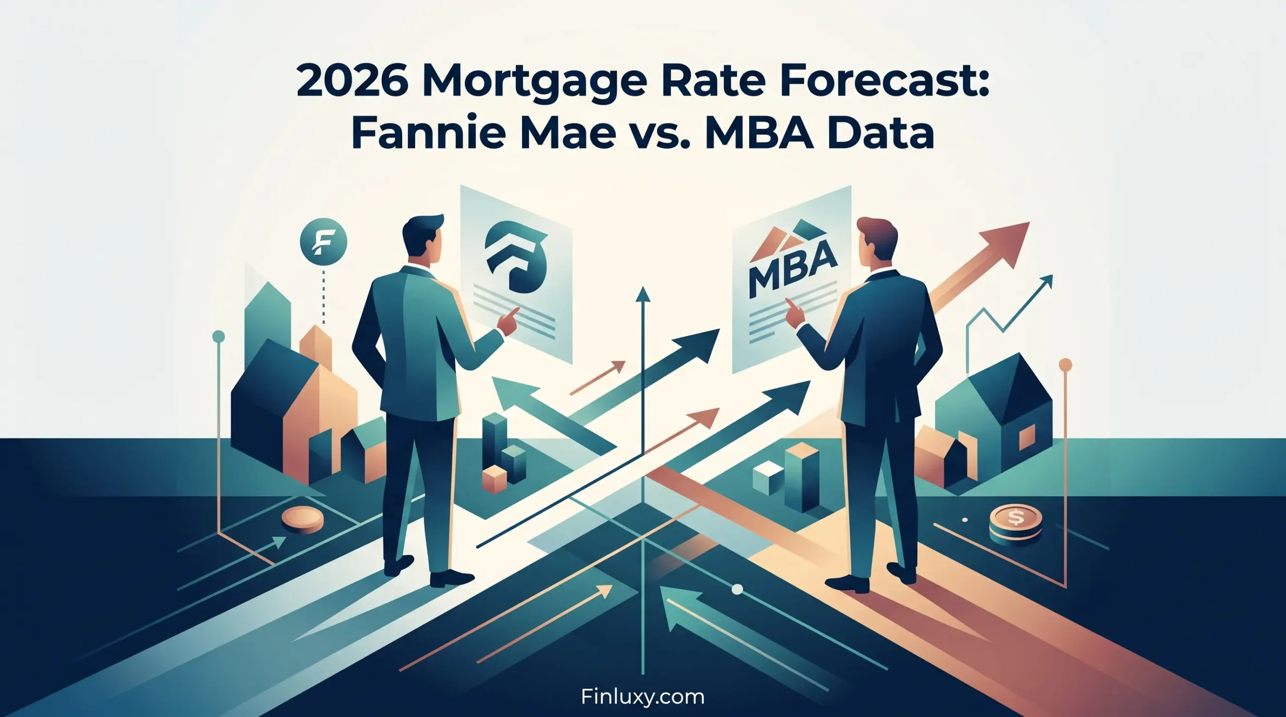 Two financial professionals in suits compare distinct geometric data visualizations representing Fannie Mae and MBA mortgage forecasts amidst rising arrows and houses.