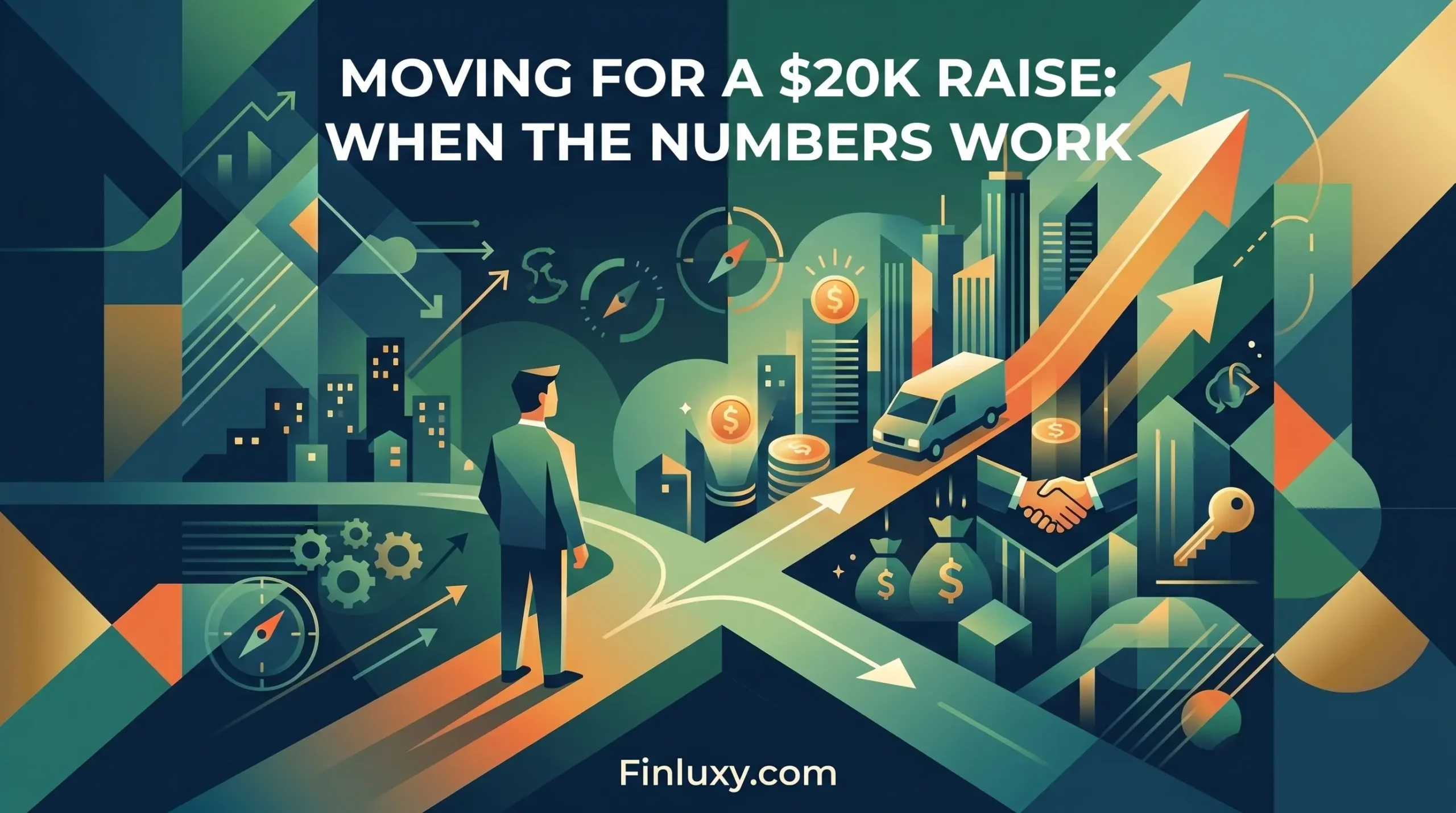 Geometric illustration of a professional at a crossroads between two cities, with subtle upward arrows and financial symbols.