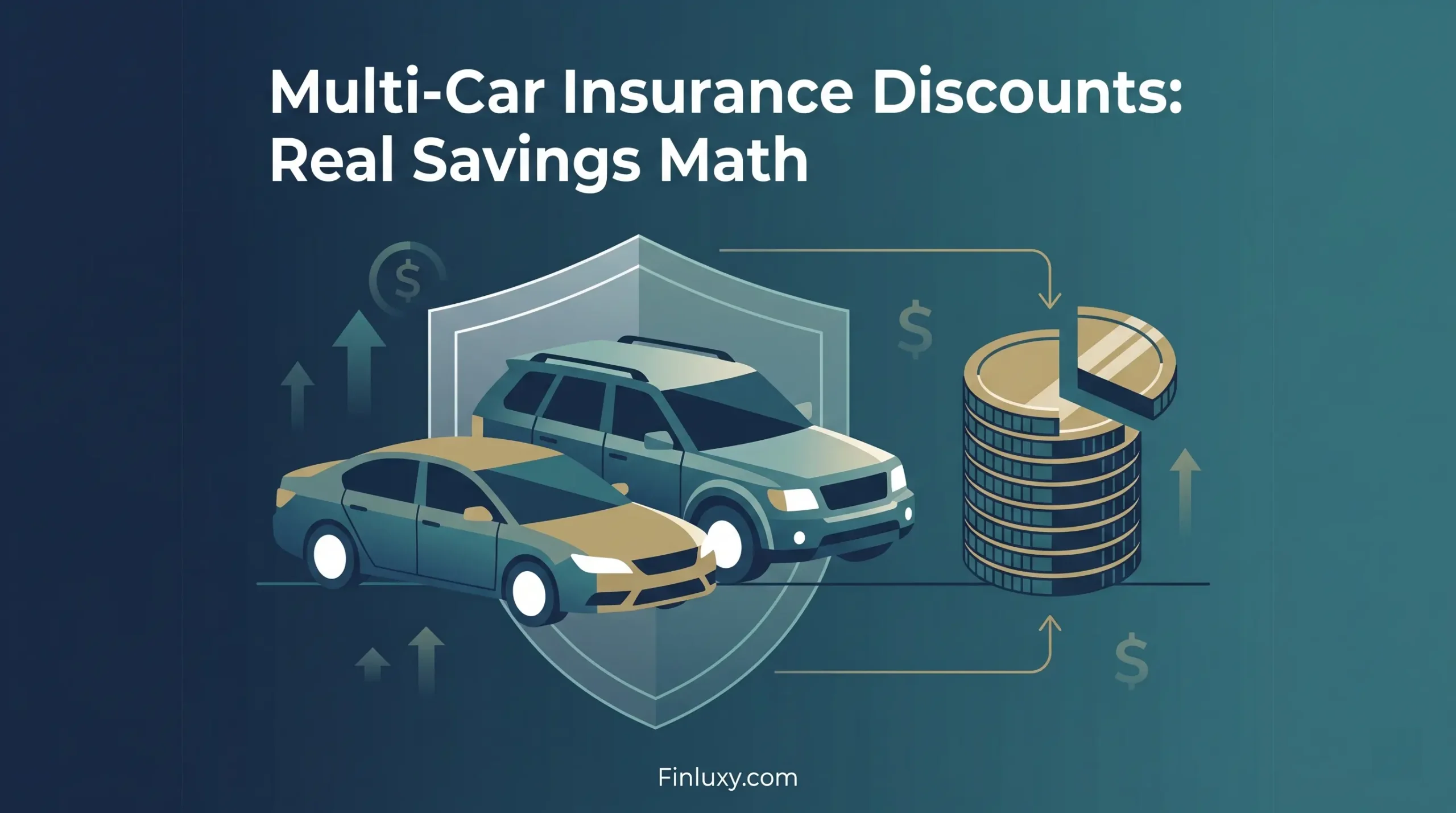 Modern geometric illustration showing two cars, a protective shield, and stacked coins to represent multi-car insurance savings.