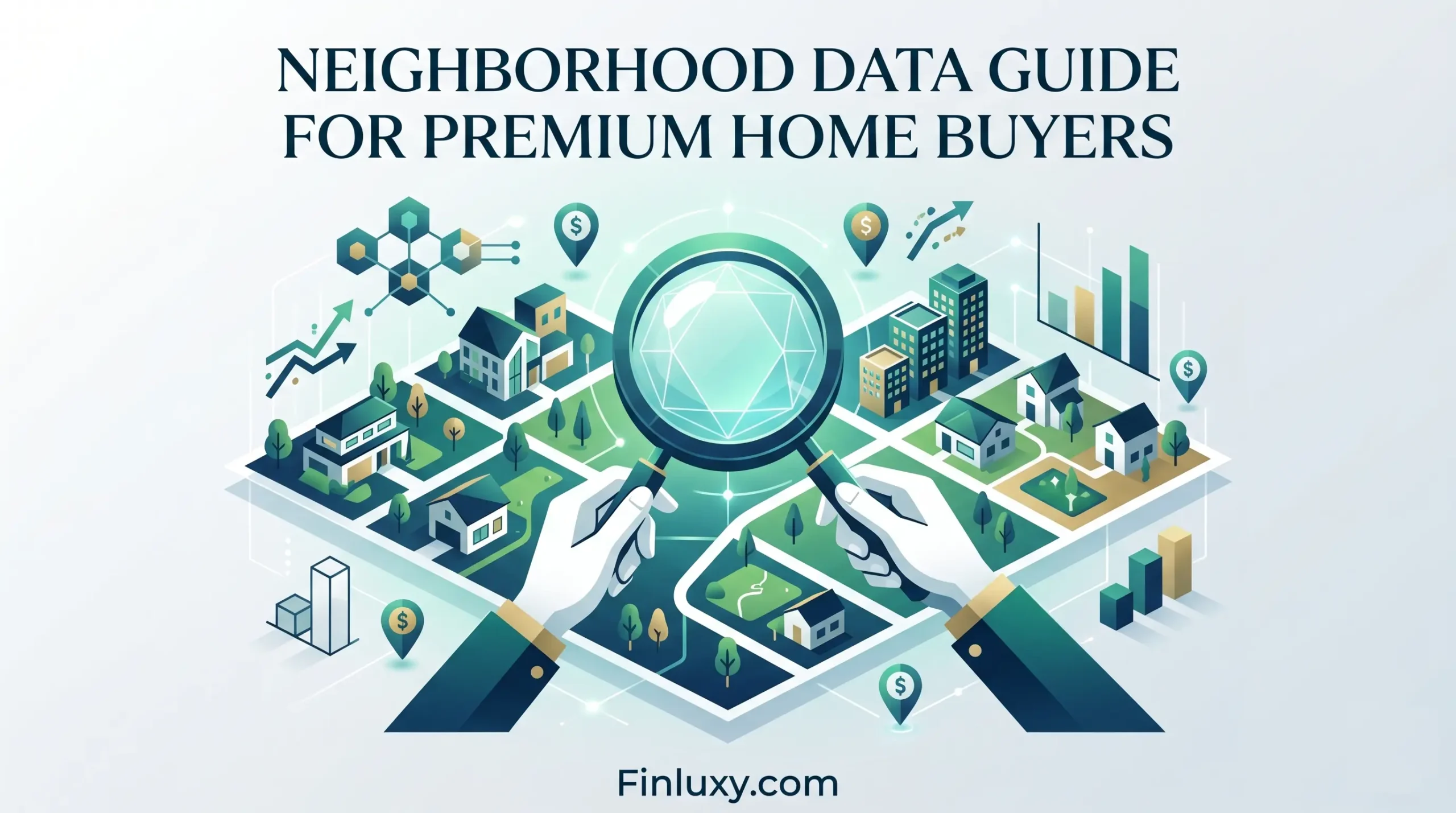 A vector illustration of a person examining a digital map of a neighborhood through a magnifying glass, analyzing real estate data.