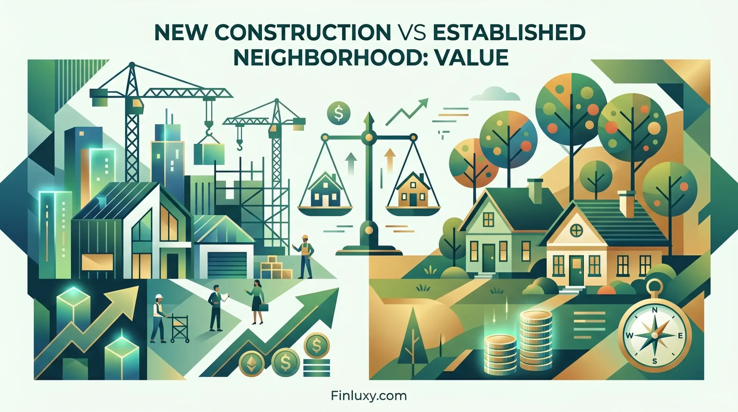 Geometric vector illustration balancing a new house under construction and an established home with mature trees on a scale.