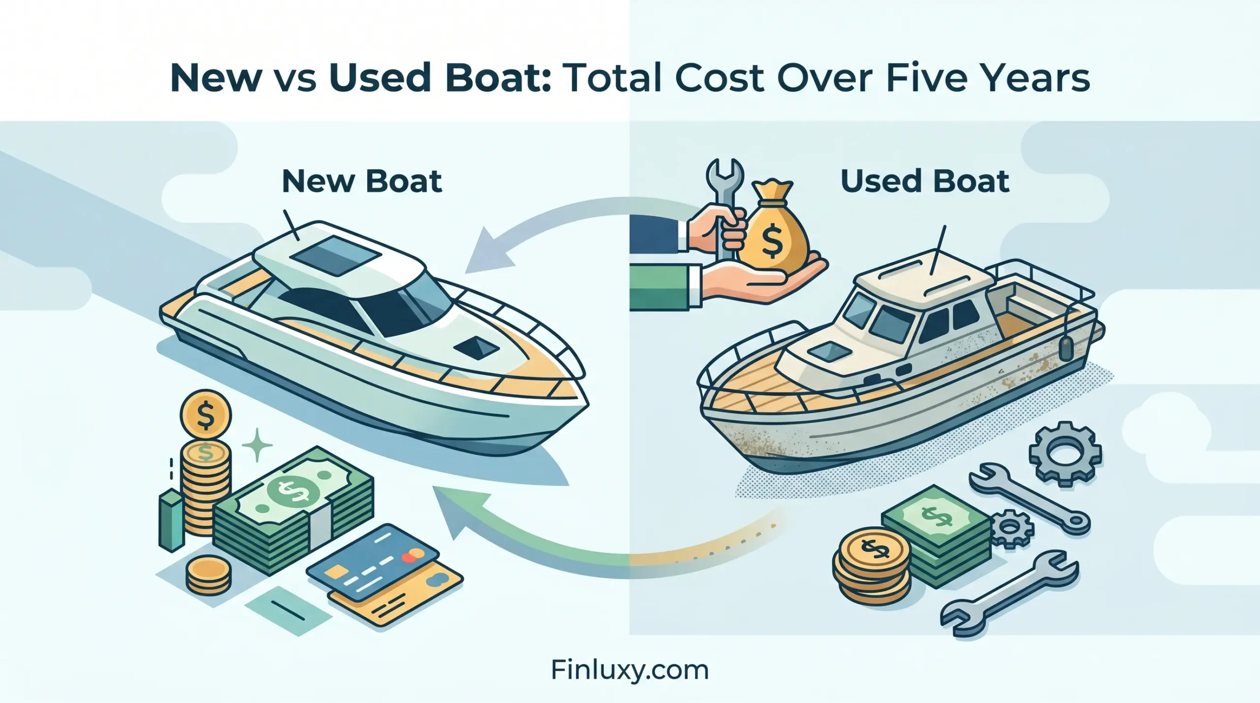 A modern vector illustration compares the financial costs of owning a new boat versus a used boat over five years.