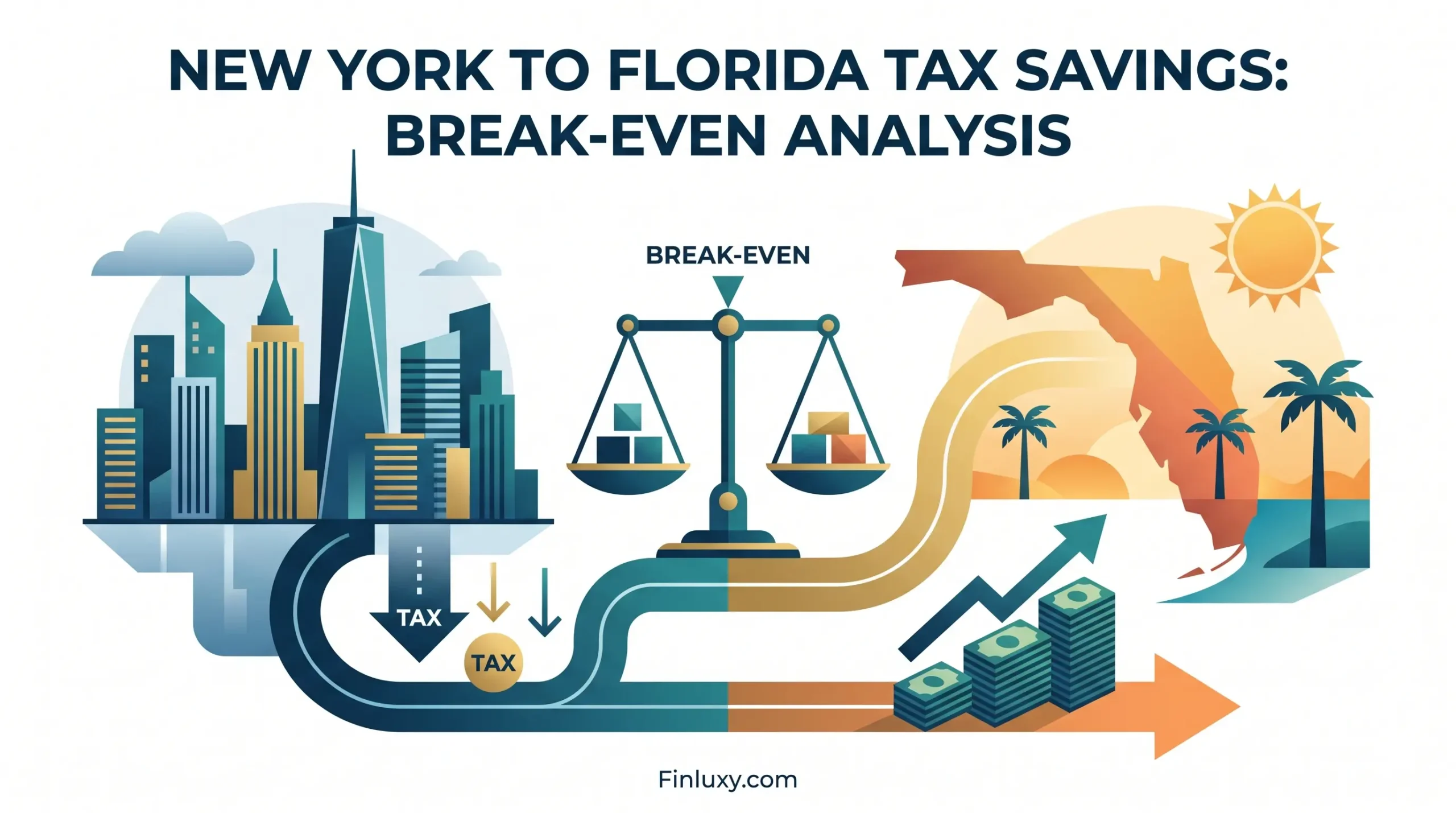 Minimalist vector illustration comparing a New York cityscape with sunny Florida, using a balancing scale to represent tax savings.