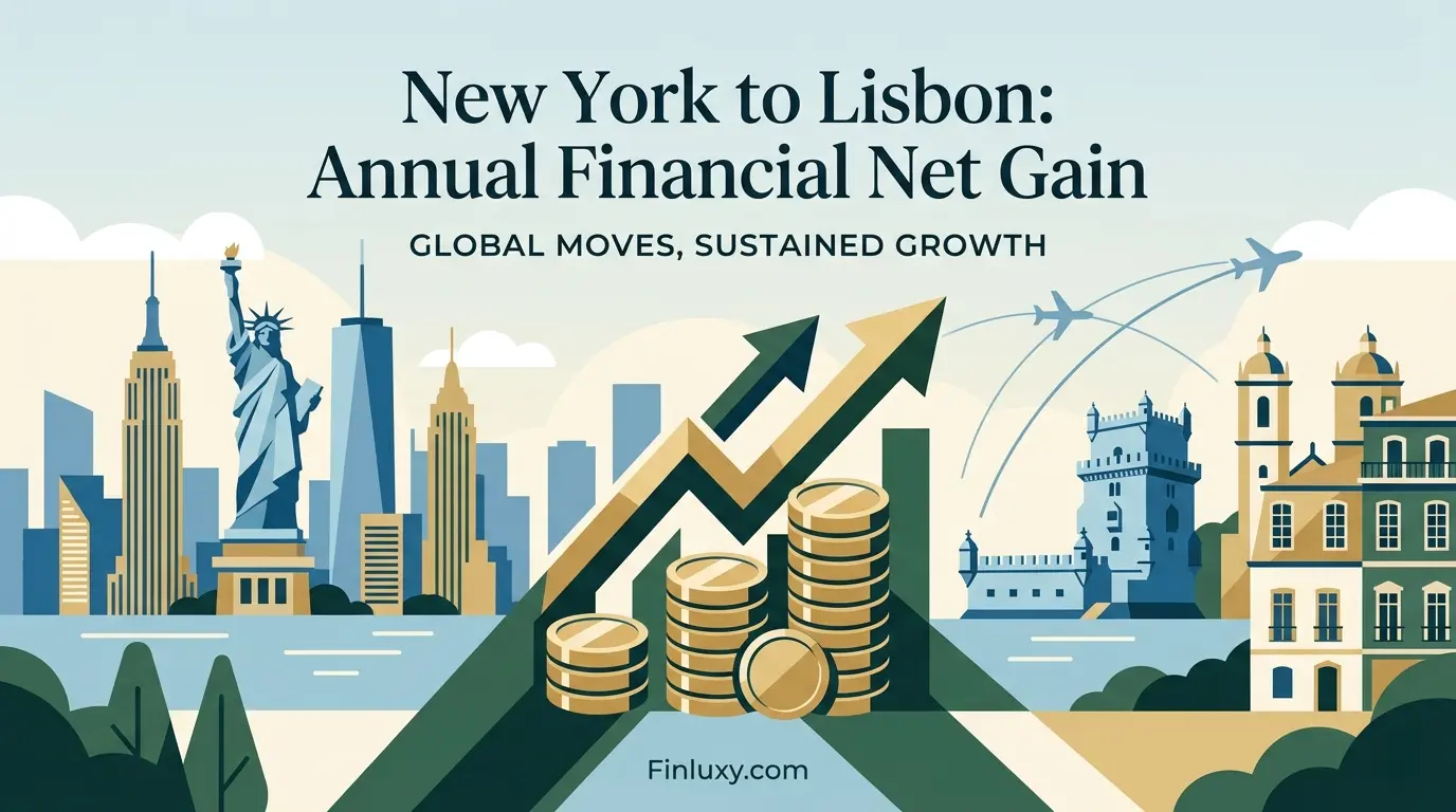 A geometric vector illustration featuring New York and Lisbon skylines separated by rising gold coin stacks and upward-pointing financial arrows.
