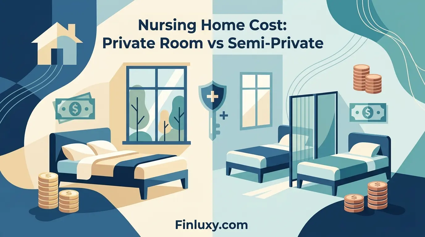 Geometric vector illustration comparing a private nursing home room with a single bed to a semi-private room with two beds.