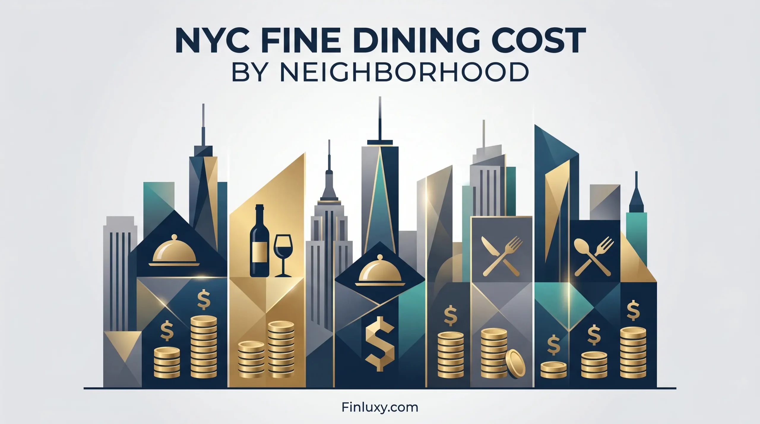 Geometric illustration of NYC skyline with gold coin stacks and dining icons, illustrating fine dining costs by neighborhood.