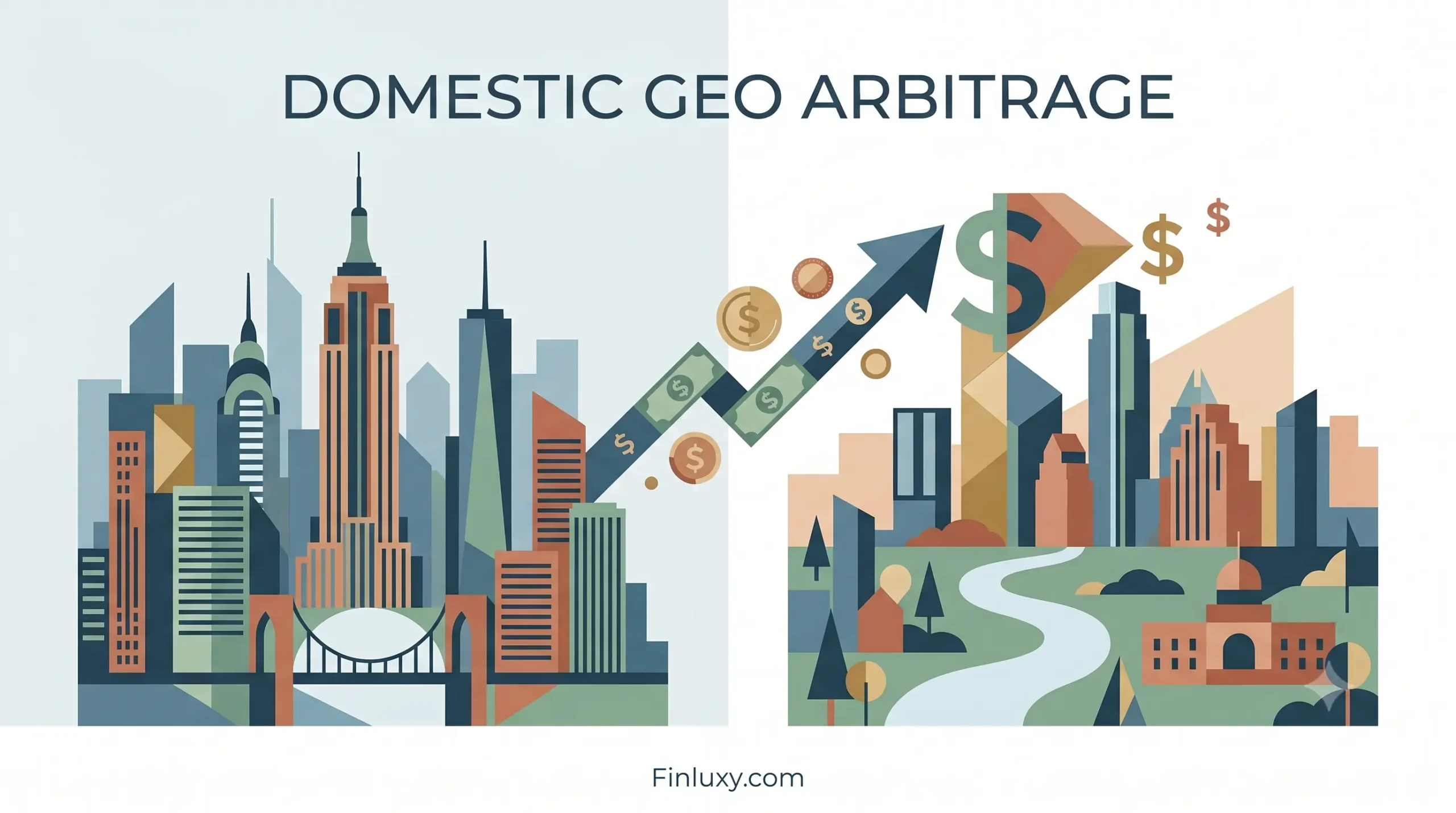 Geometric vector illustration comparing a dense skyline to an open city landscape, connected by an arrow with currency symbols.