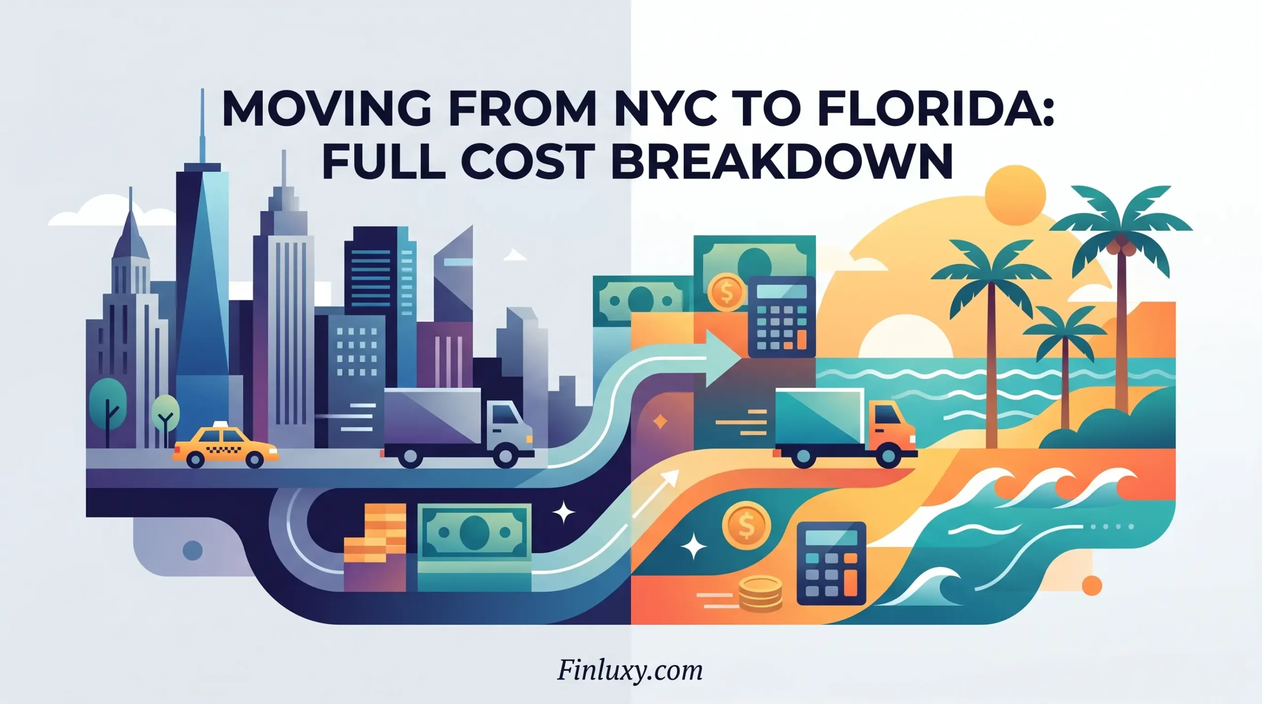 Minimalist geometric illustration showing a moving truck traveling from a city skyline to a sunny tropical beach.
