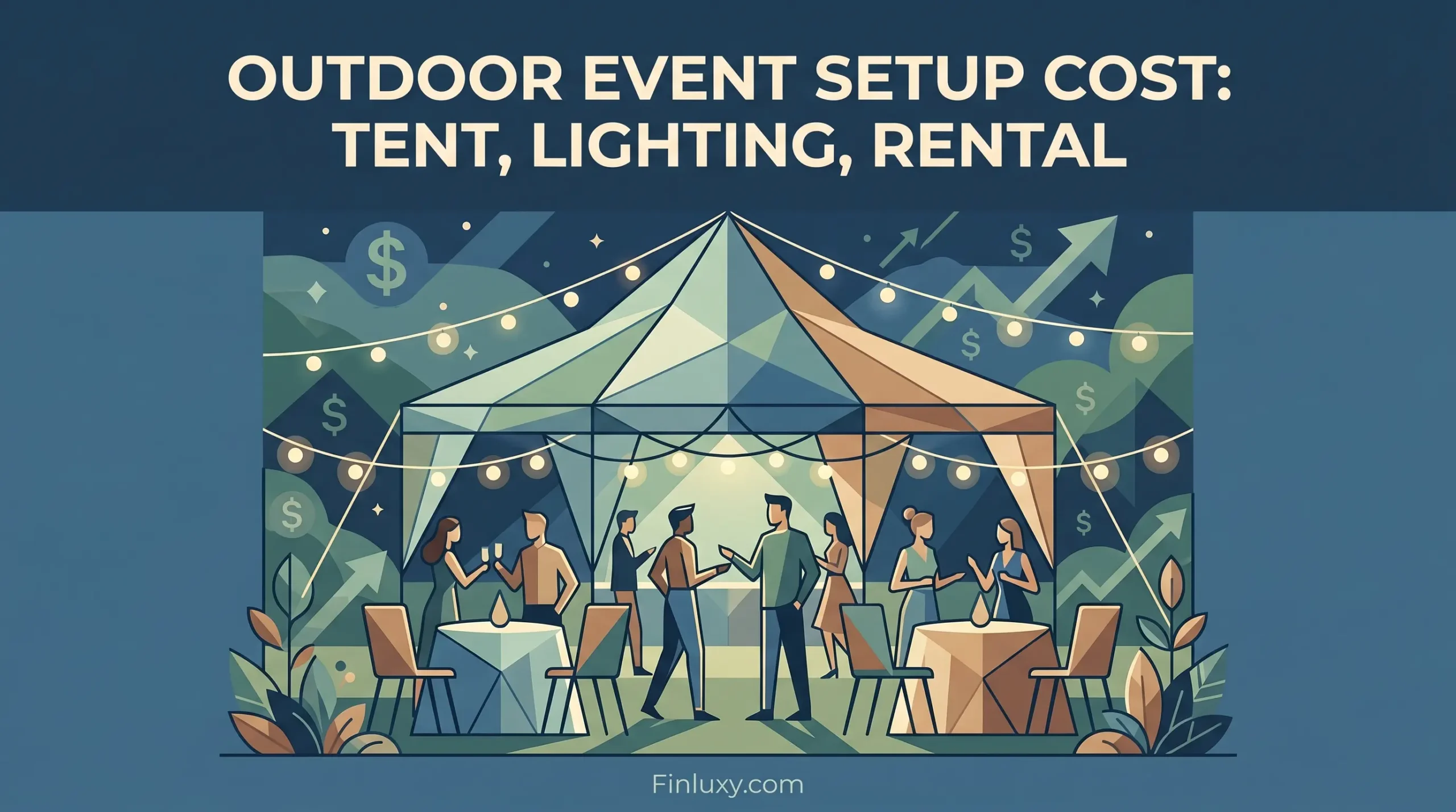 Geometric vector illustration of an illuminated outdoor event tent with people, subtle finance symbols, and text reading "Finluxy.com".