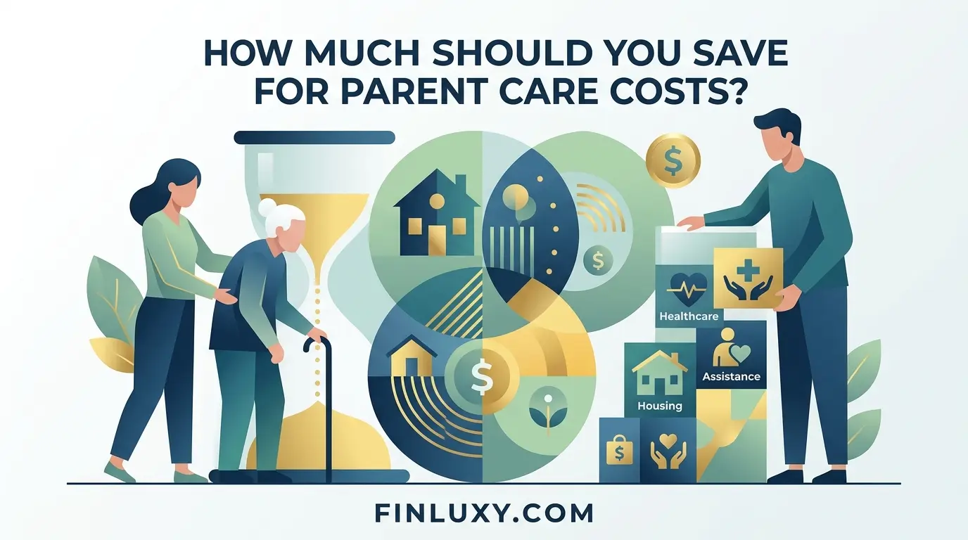 Vector illustration of an adult helping an elderly parent, with icons representing healthcare, housing, and financial planning, all framed by a large hourglass.