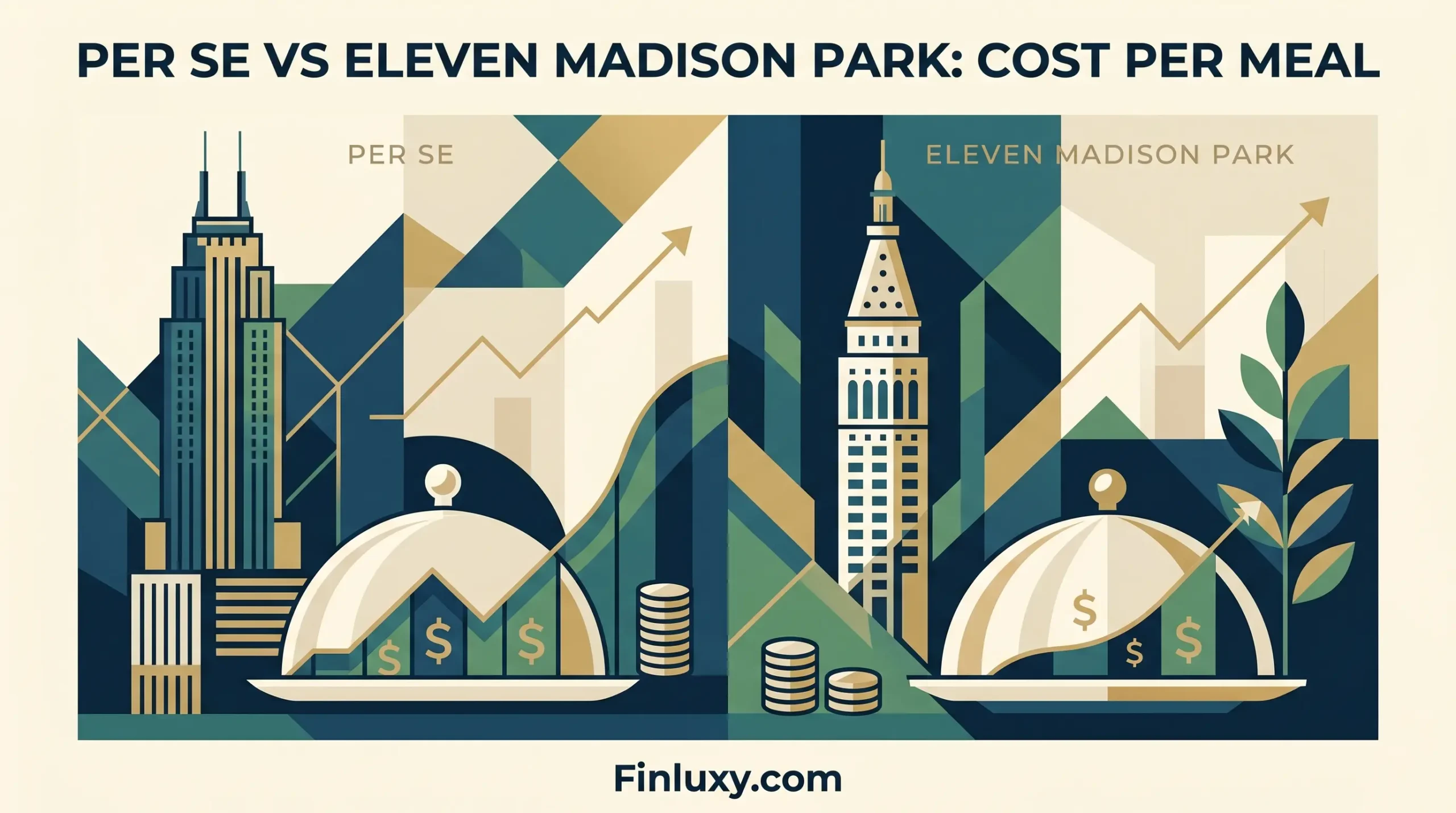 Geometric vector comparison of Per Se and Eleven Madison Park dining costs with stylized cloches and arrows.