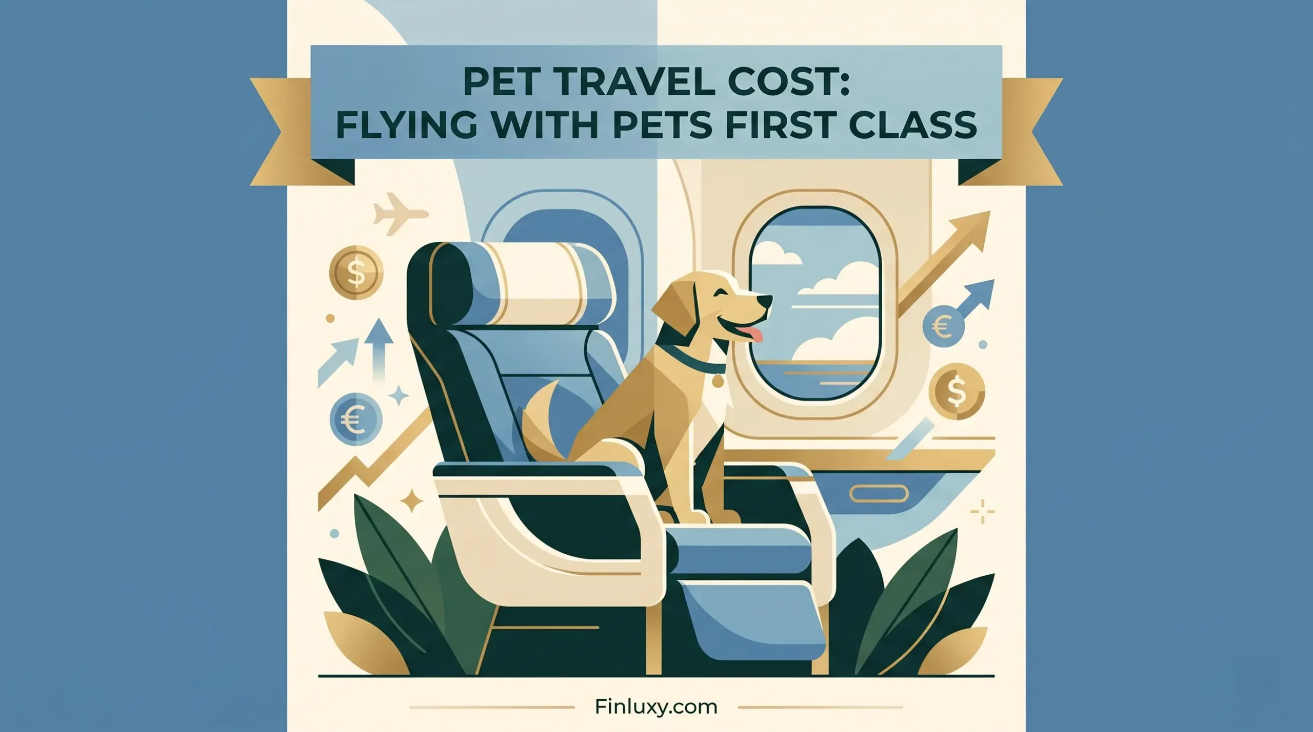 A stylized vector illustration shows a geometric dog in a first-class airplane seat, with financial symbols floating nearby.