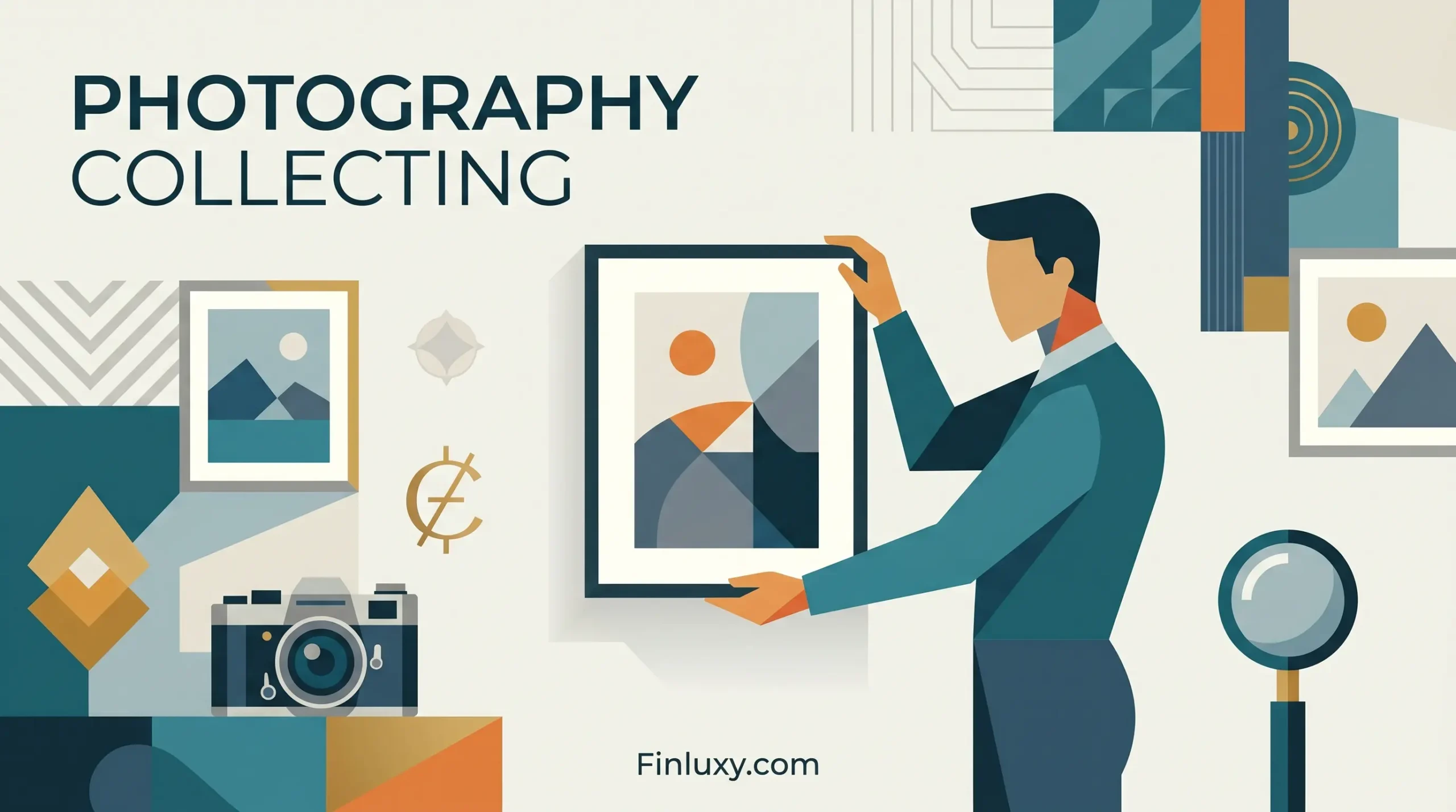 A modern illustration of a collector holding a framed geometric artwork, surrounded by a camera, magnifying glass, and financial symbols.