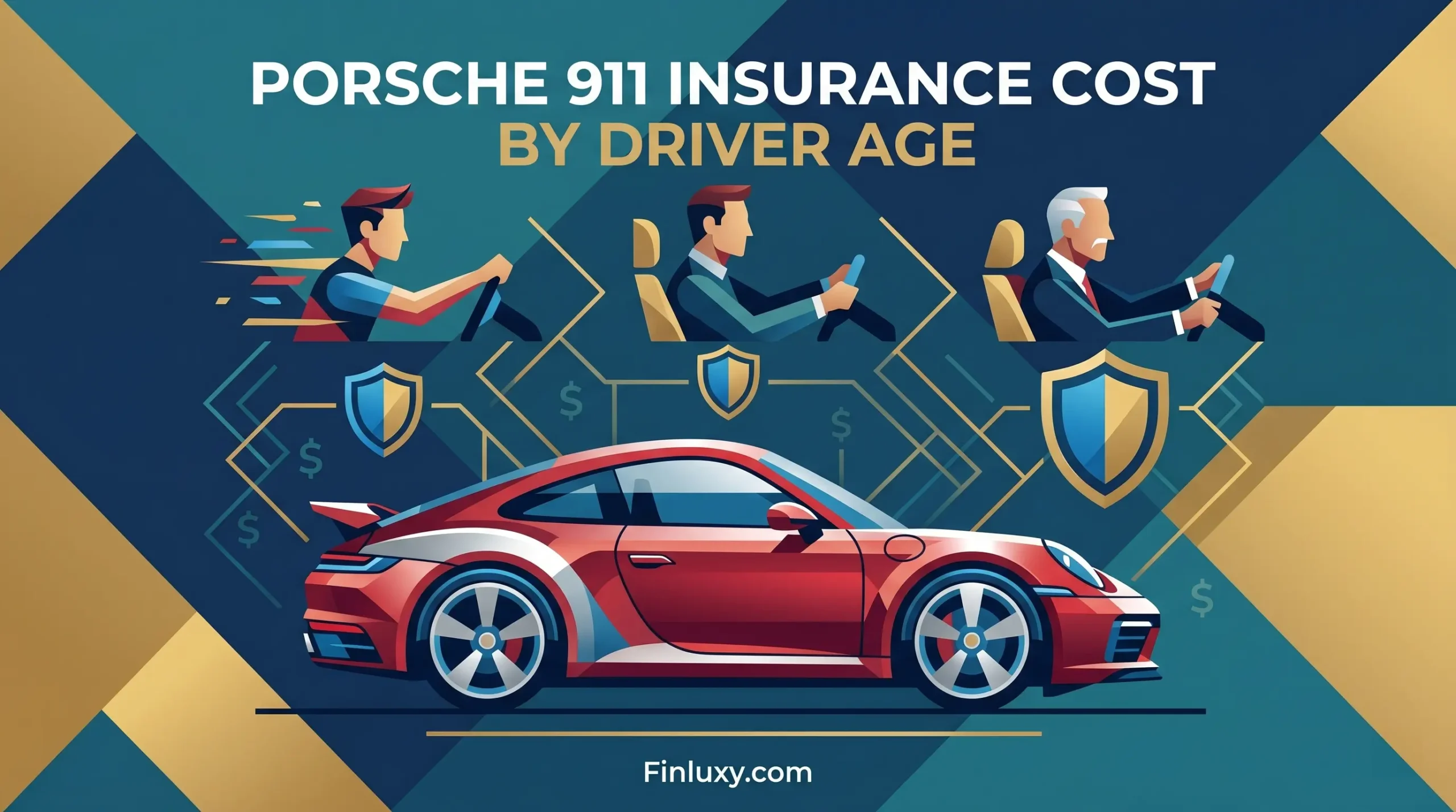 A vector illustration depicting three drivers of different ages and a red sports car, representing Porsche 911 insurance cost variations.