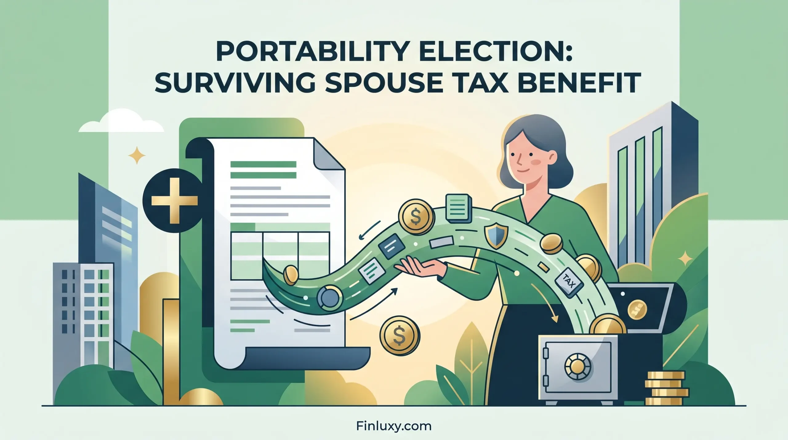 Minimal geometric vector illustration of a person managing estate documents and assets, with the headline "Portability Election: Surviving Spouse Tax Benefit."
