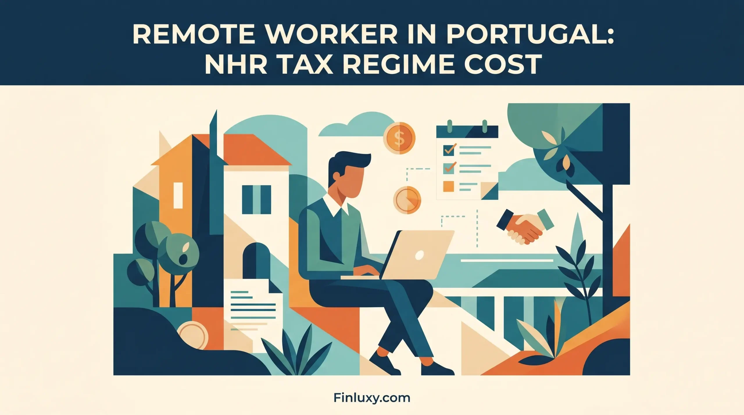 Geometric vector illustration of a remote worker with a laptop against a Portuguese-inspired landscape, under a modern financial headline.