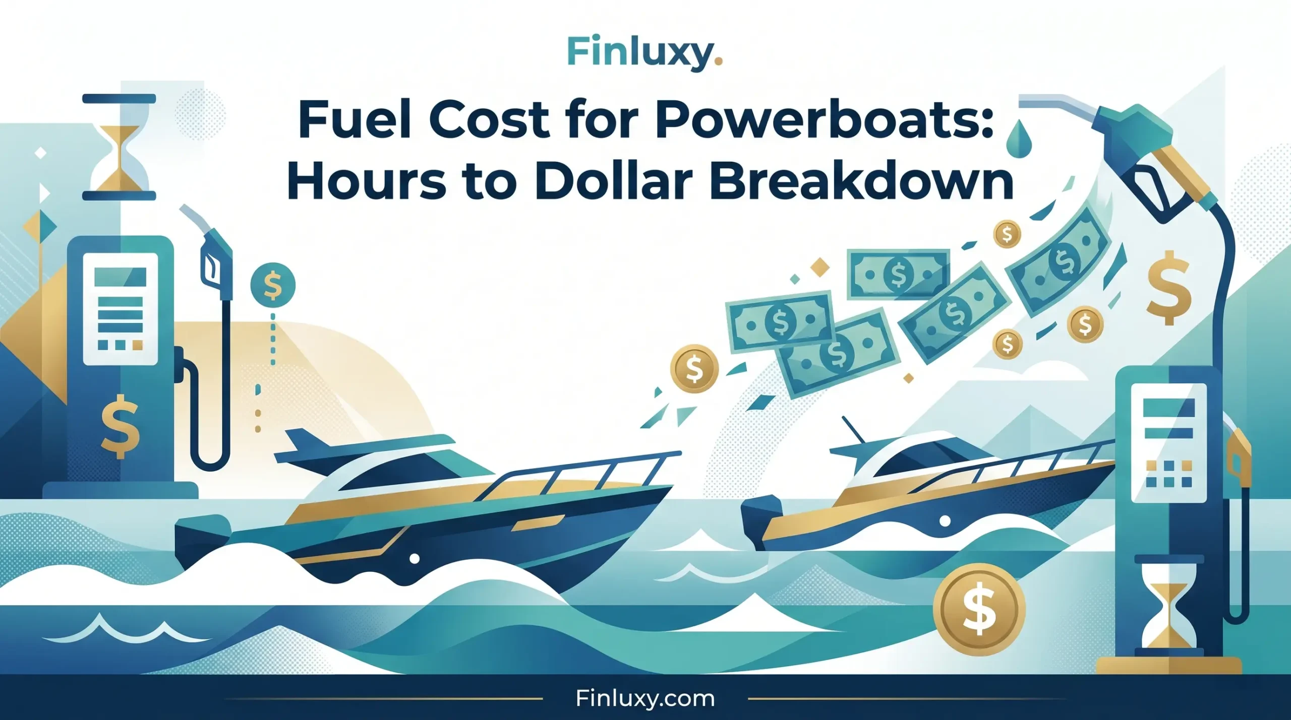 A modern geometric illustration of a powerboat navigating waves, surrounded by subtle fuel pump and currency symbols.