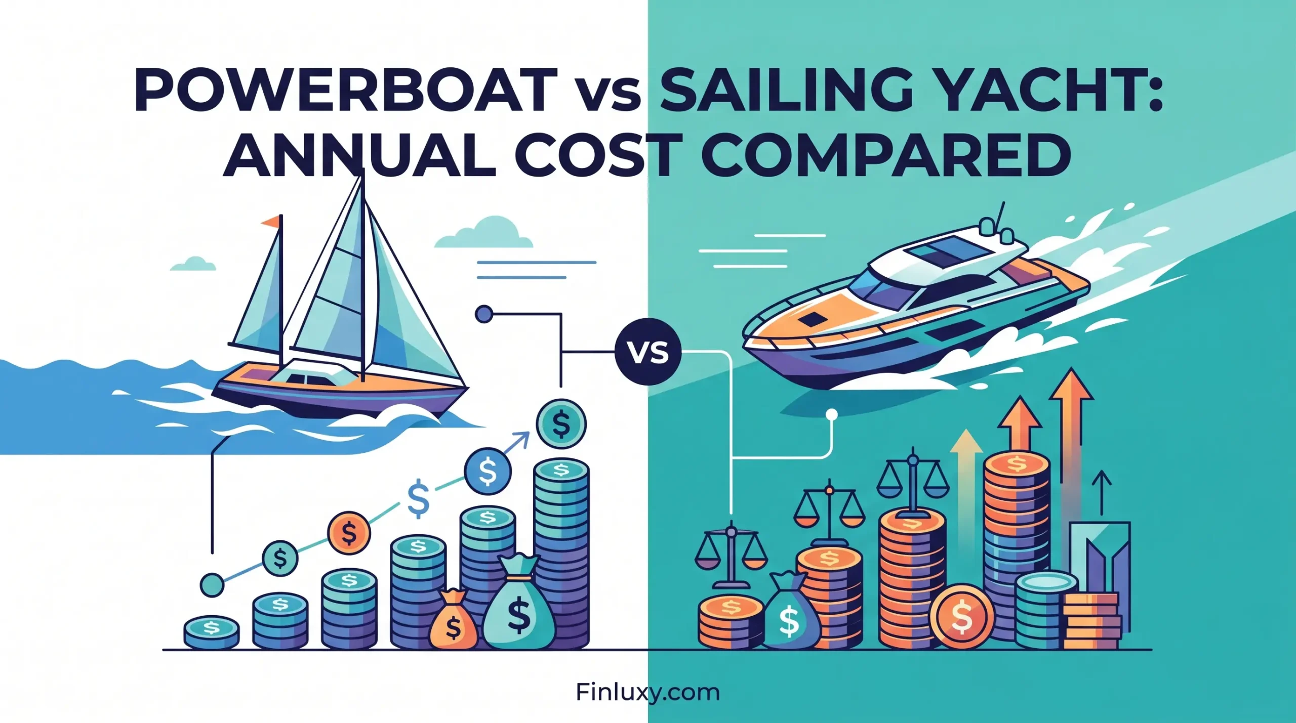 Minimalist geometric illustration comparing a powerboat and a sailing yacht with stacked coins representing annual costs.