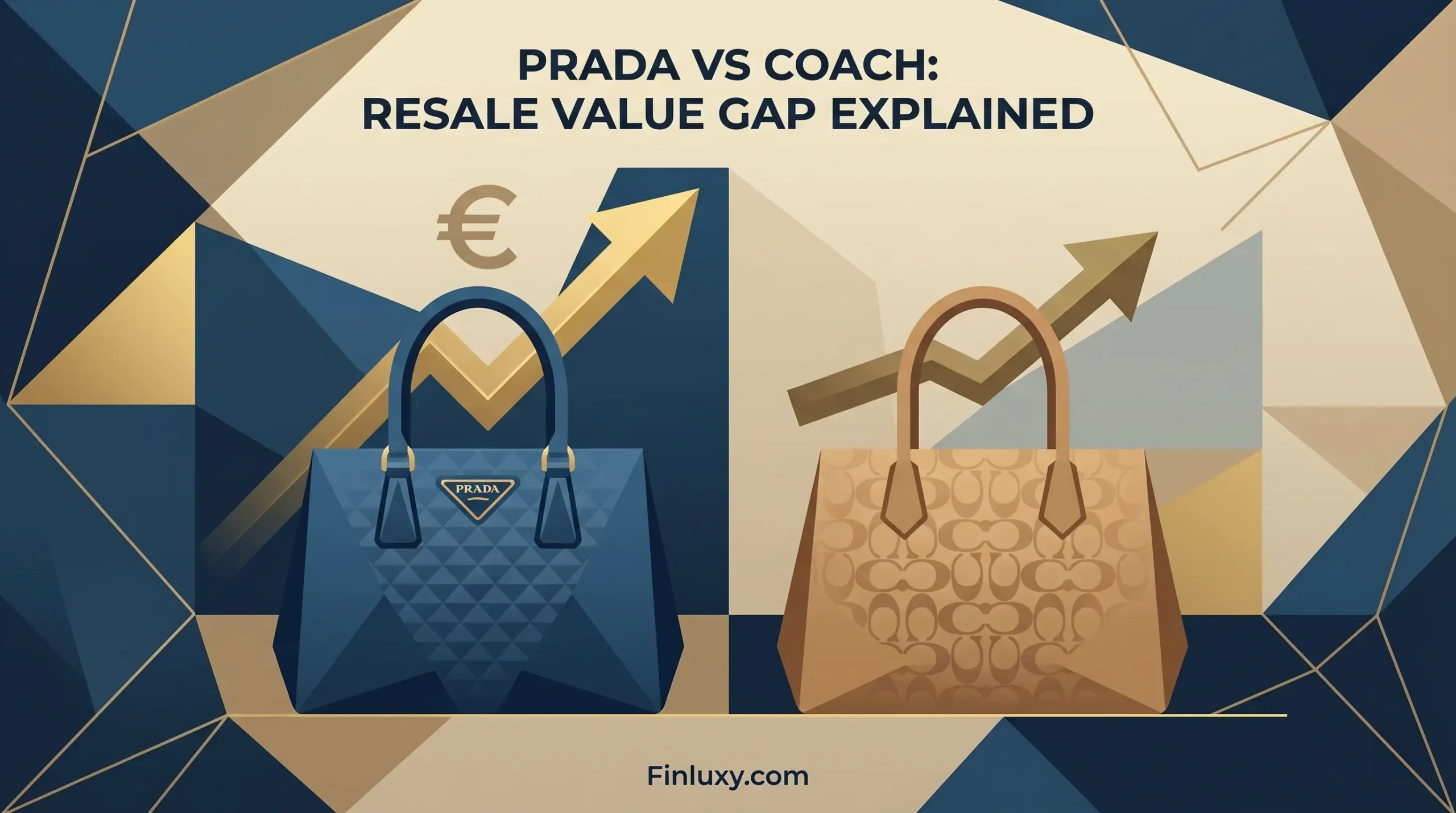 Geometric illustration comparing a blue Prada handbag and a brown Coach handbag with upward trend arrows.