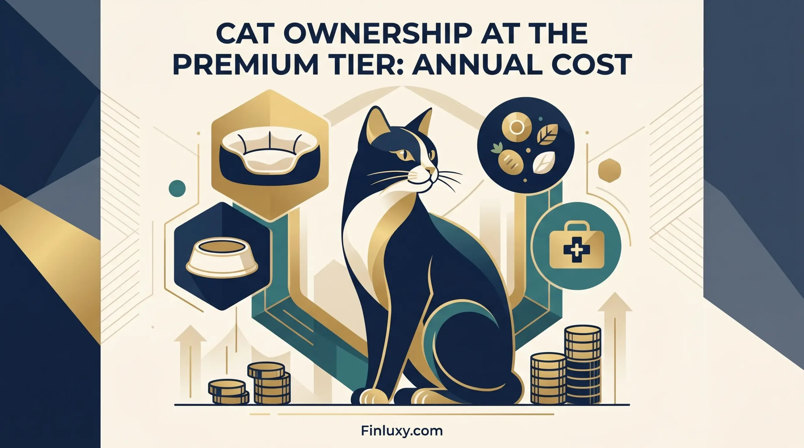 A geometric vector illustration of a cat surrounded by high-end amenities and gold coins, illustrating the high costs of ownership.