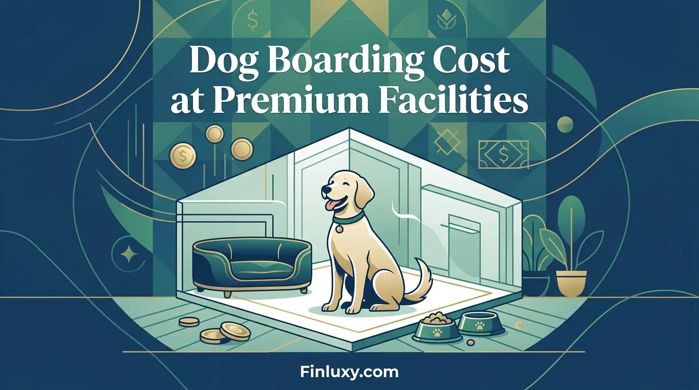 Geometric illustration of a happy dog in a premium kennel with subtle currency symbols and the headline "Dog Boarding Cost at Premium Facilities."